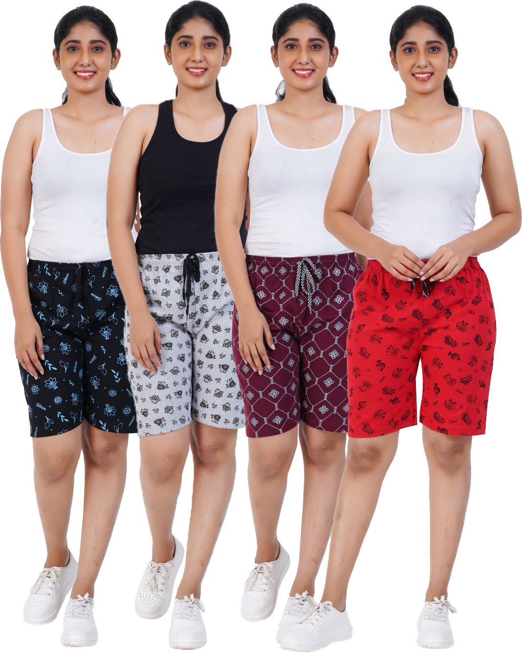 aaliya Pack of 4 Printed Women Black, Grey, Maroon, Red Casual Shorts-picture-15
