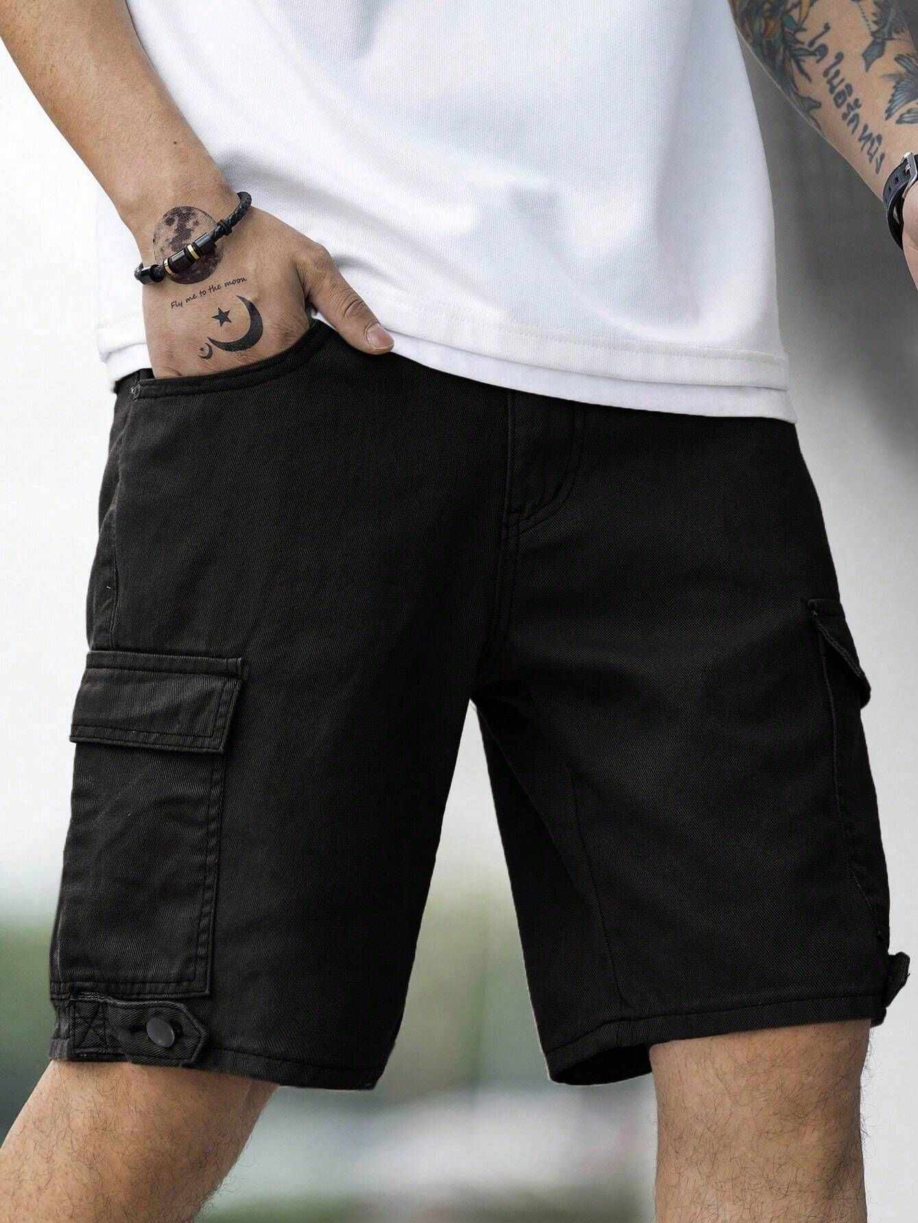 Solid Men Black Denim Shorts-image-16