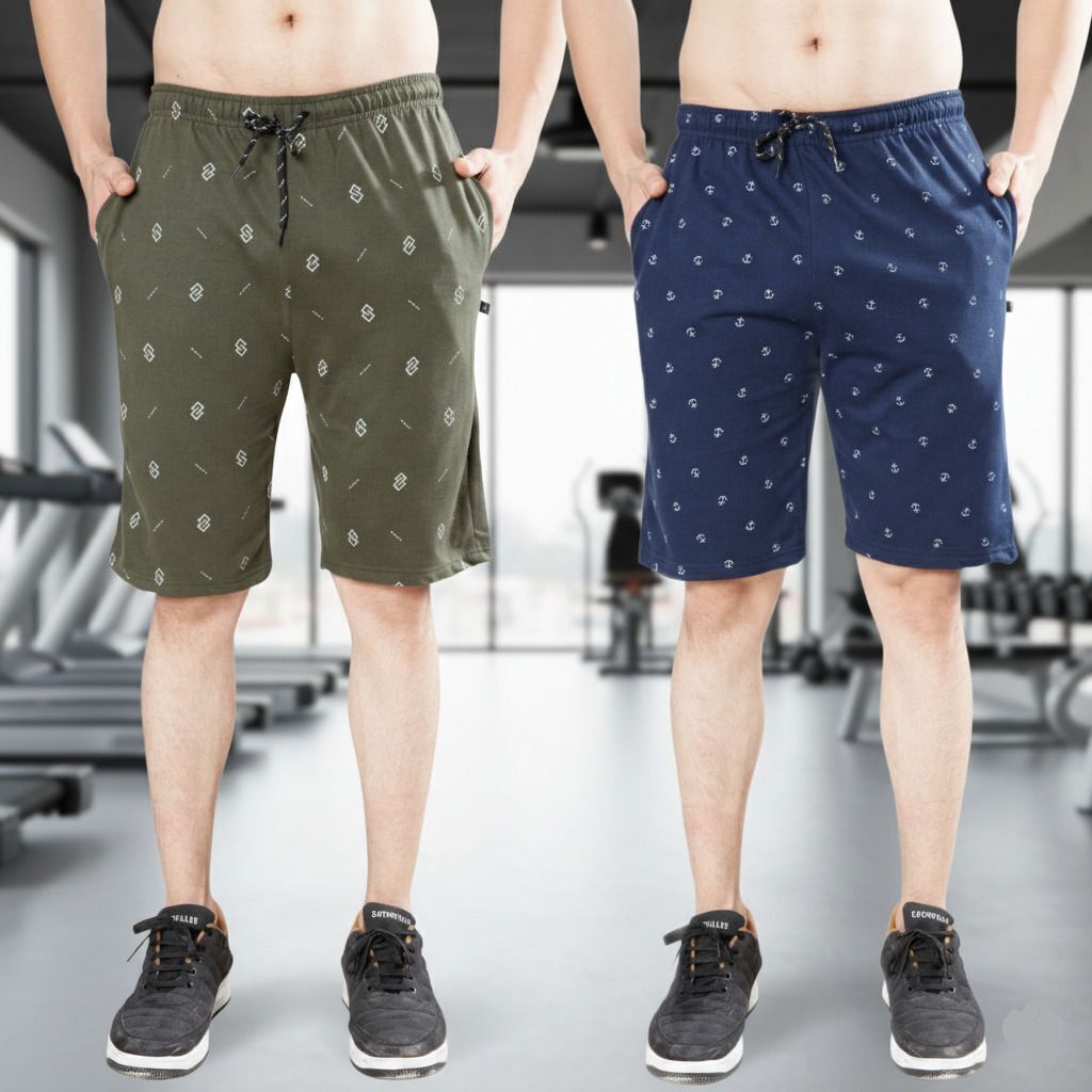 Pack of 2 Printed Men Green, Blue Regular Shorts-image-5