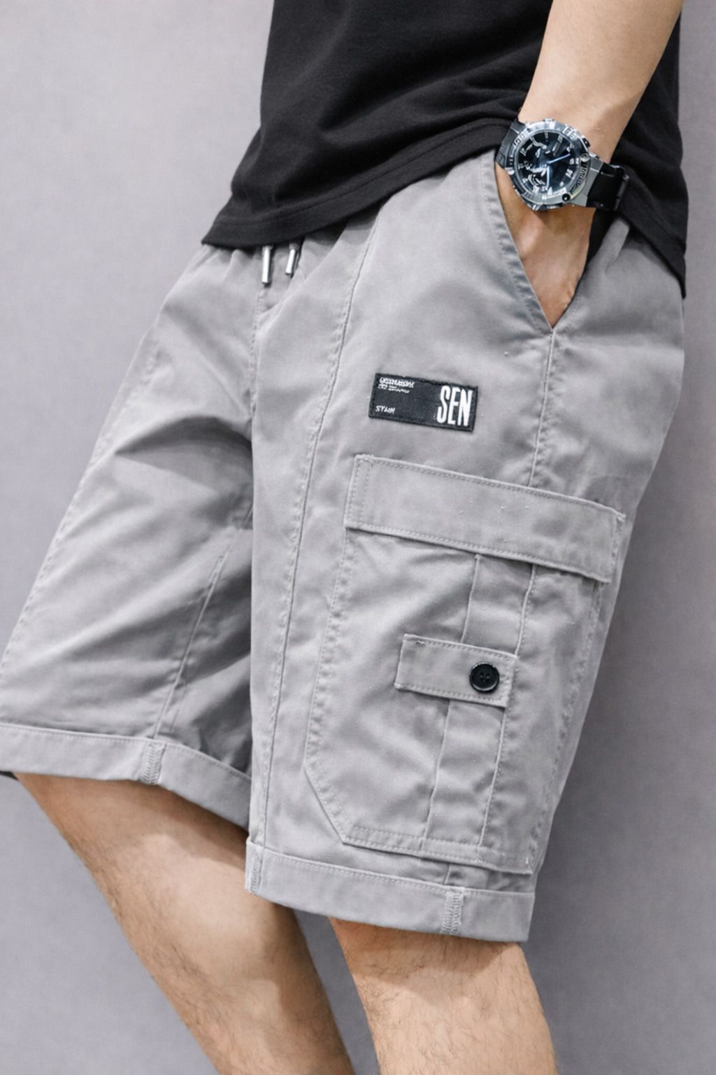 Solid Men Grey Cargo Shorts-image-8