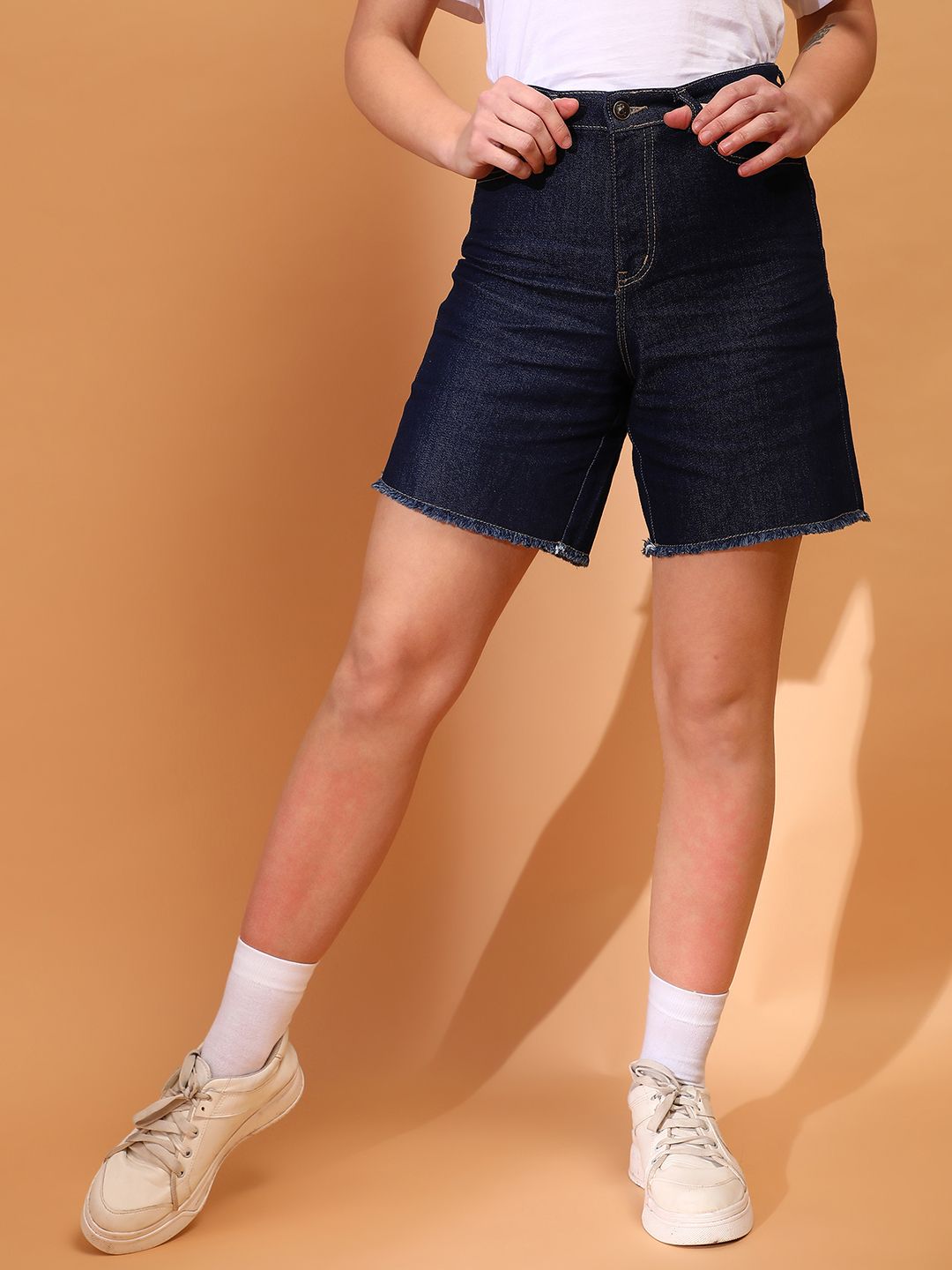 tales & stories Solid Women Blue Denim Shorts-picture-17