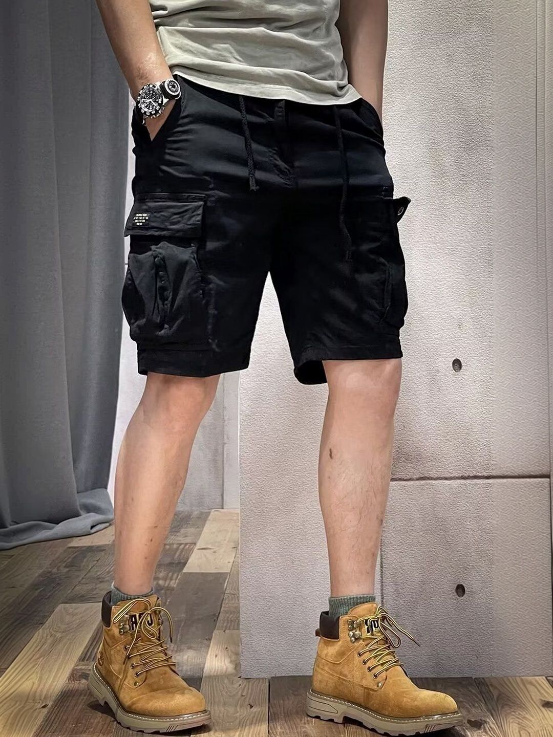 suo Solid Men Black Cargo Shorts-picture-42