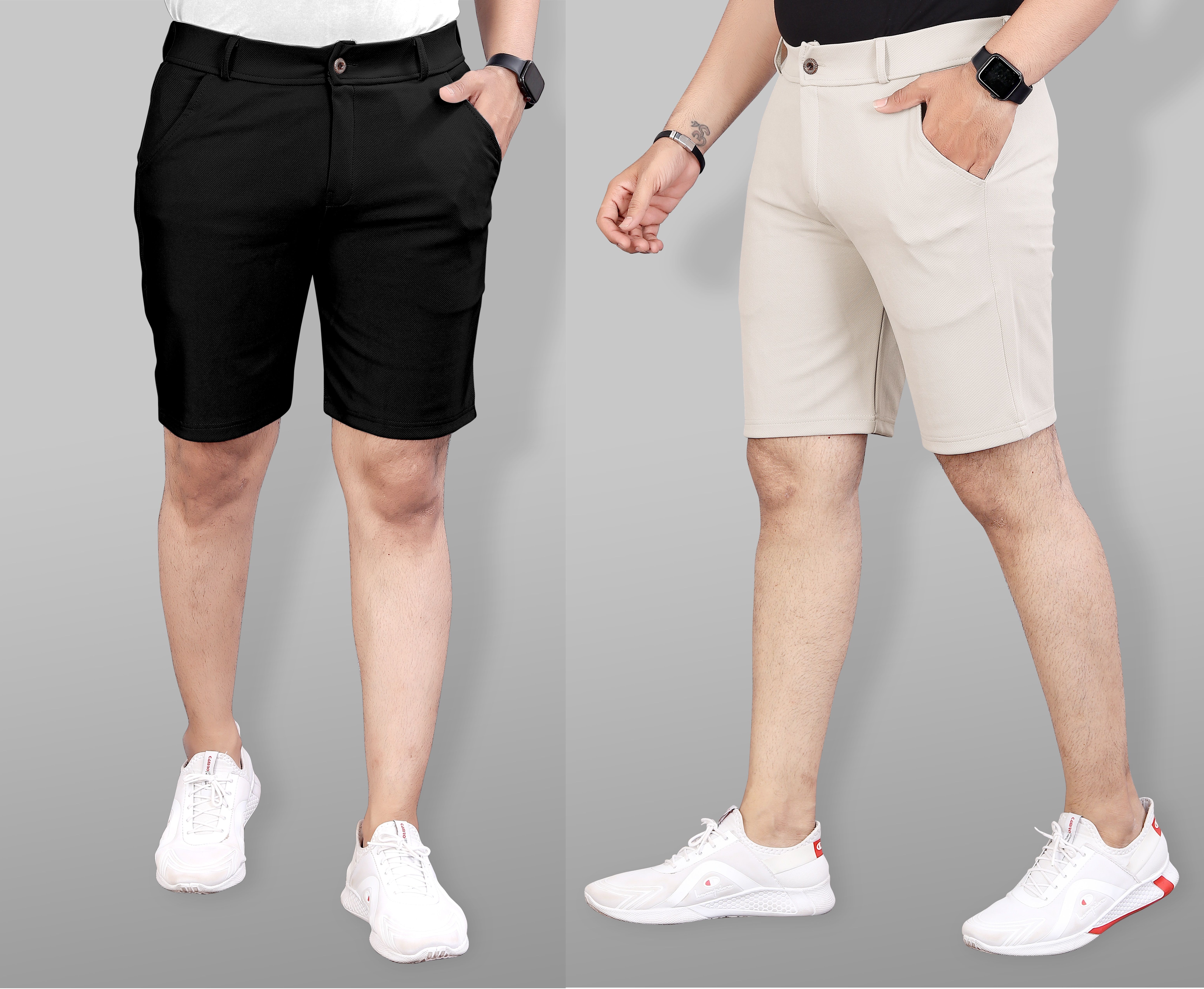 Pack of 2 Solid Men Black, Beige Sports Shorts