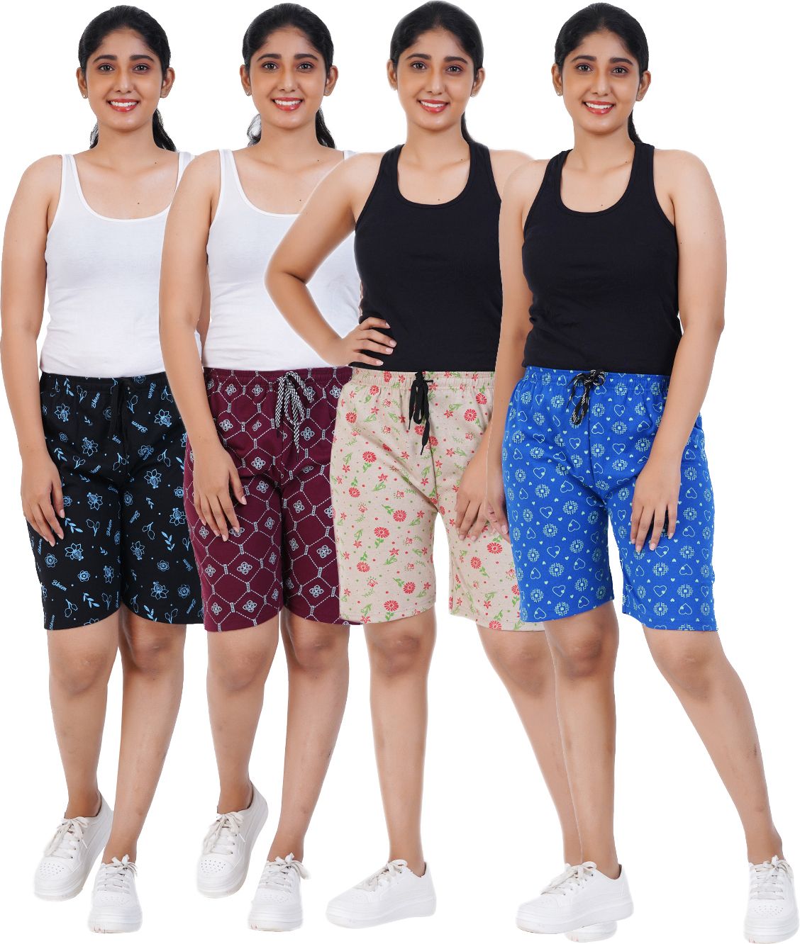 Pack of 4 Printed Women Black, Maroon, Beige, Blue Casual Shorts-image-5