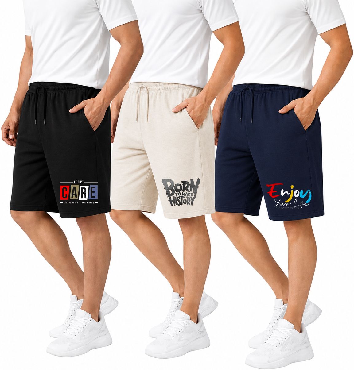 Pack of 3 Solid, Graphic Print Men Black, Beige, Dark Blue Casual Shorts, Gym Shorts-image-9