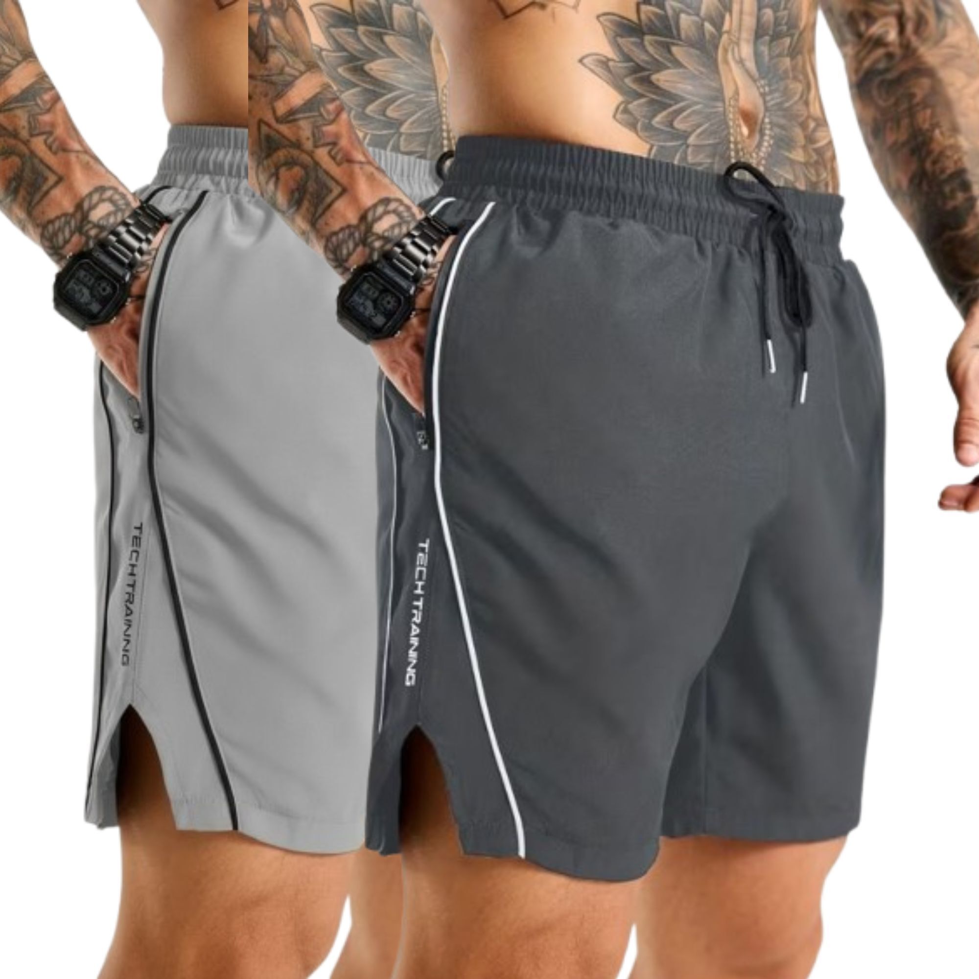 Pack of 2 Printed Men Grey, Dark Grey Gym Shorts, Running Shorts, Sports Shorts-image-4