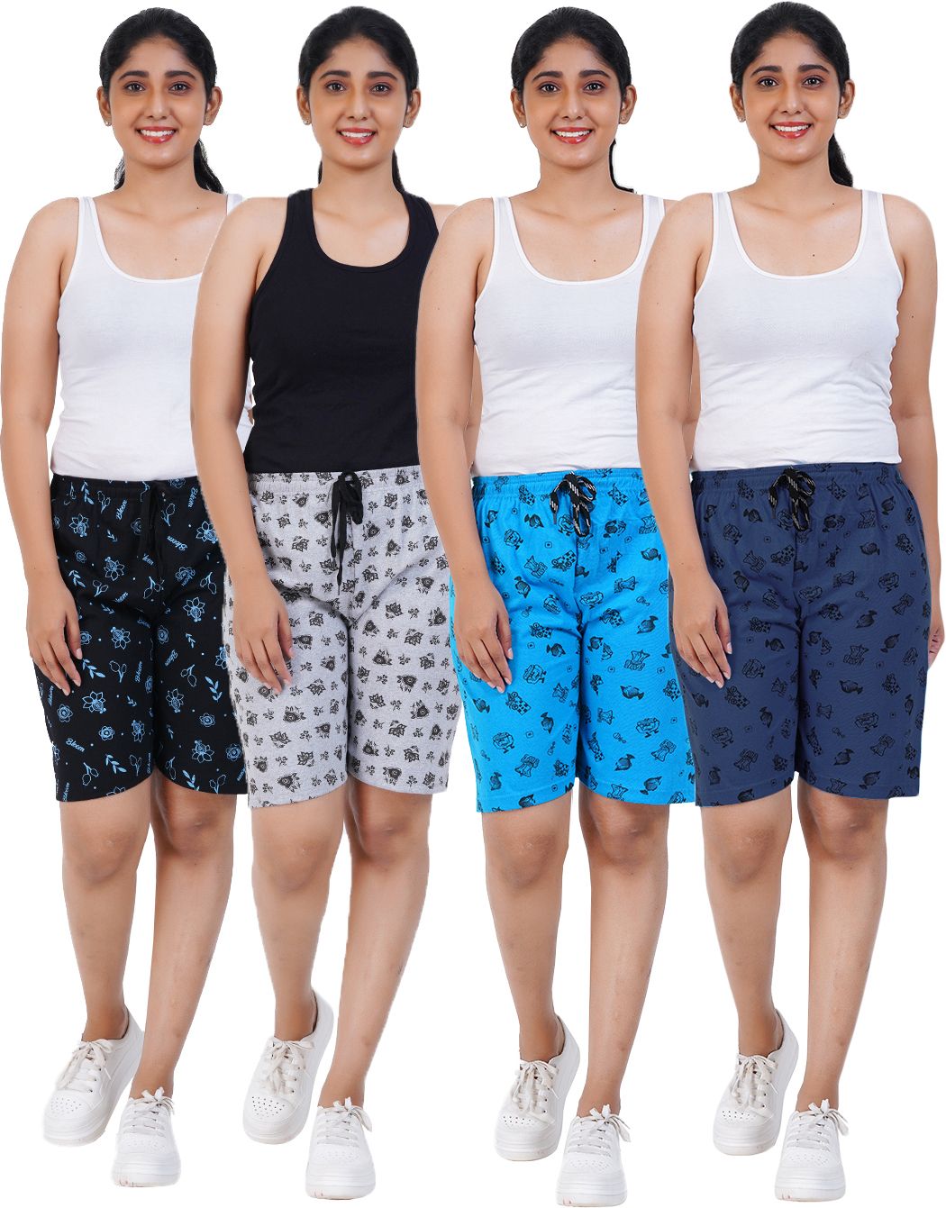 Pack of 4 Printed Women Black, Grey, Blue, Dark Blue Casual Shorts-image-43