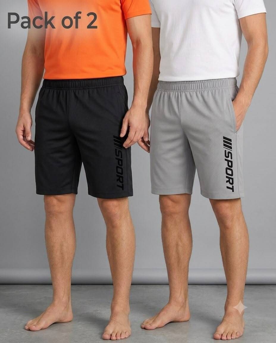 sell4u Pack of 2 Solid, Graphic Print Men Black, Grey Sports Shorts-picture-10