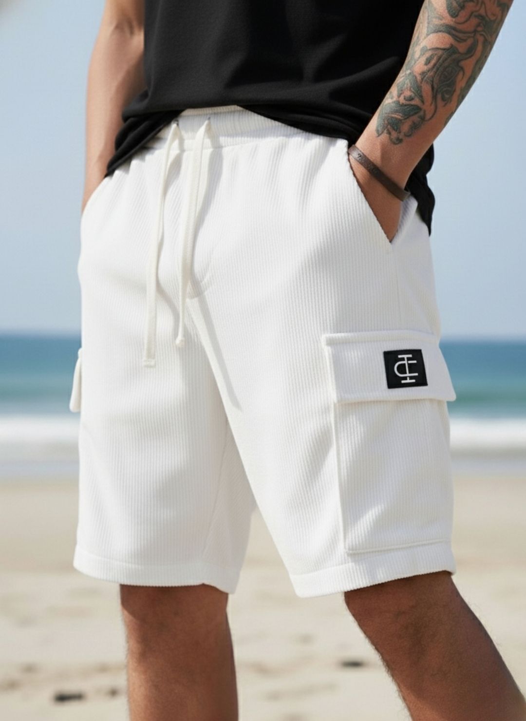 Self Design Men White Cargo Shorts-image-49