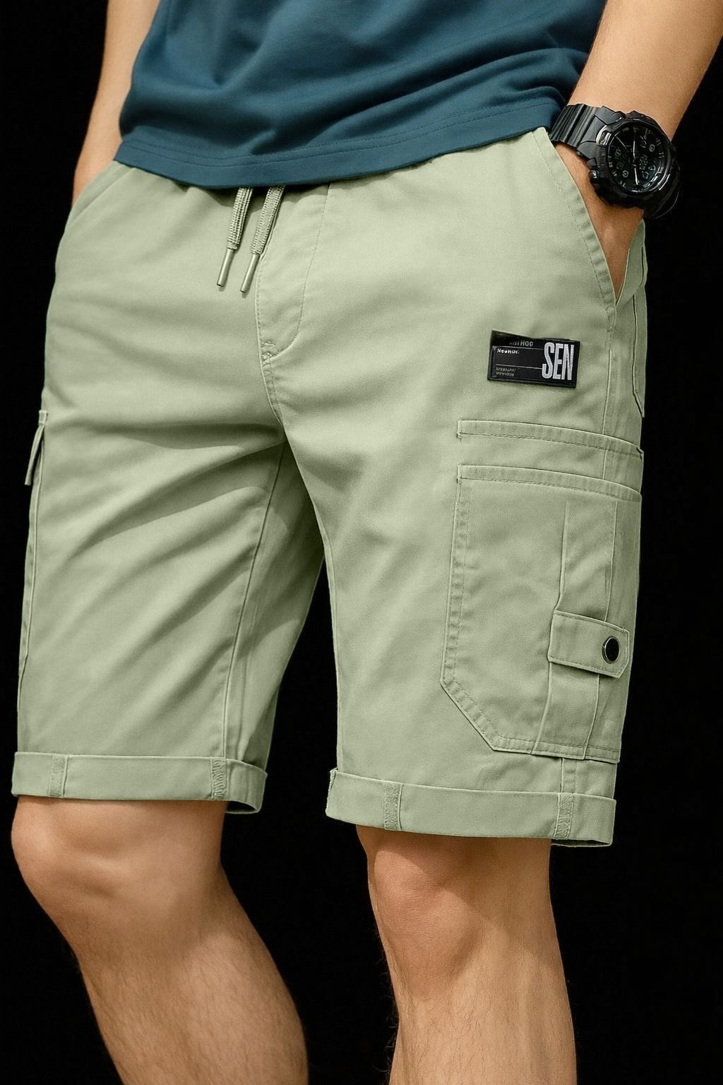 metronaut Solid Men Light Green Cargo Shorts-picture-22