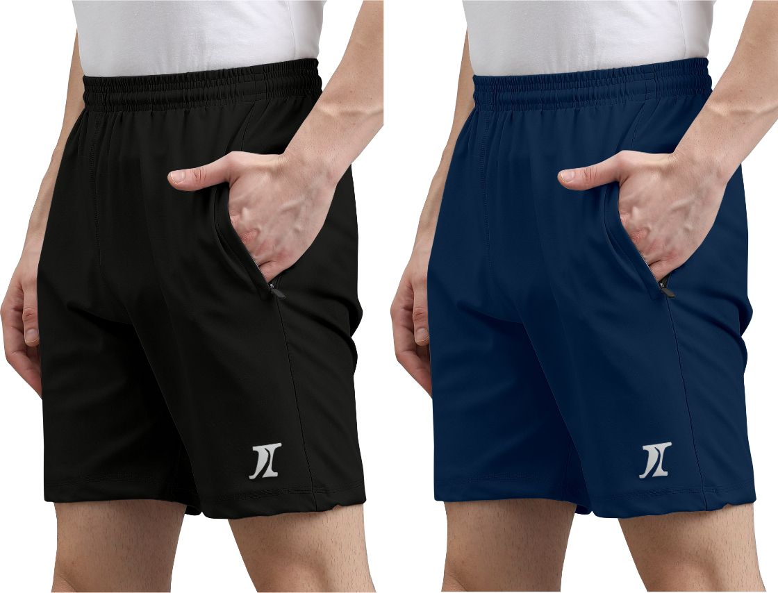 indiclub Pack of 2 Solid Men Black, Dark Blue Sports Shorts-picture-31