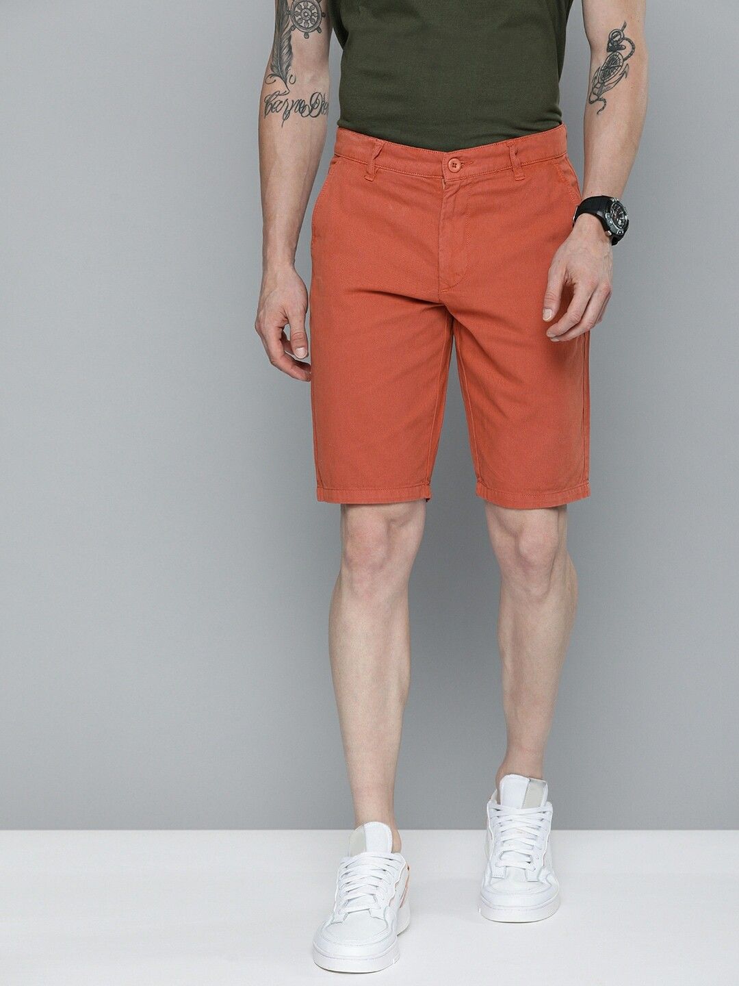 the indian garage co. Solid Men Orange Chino Shorts-picture-12