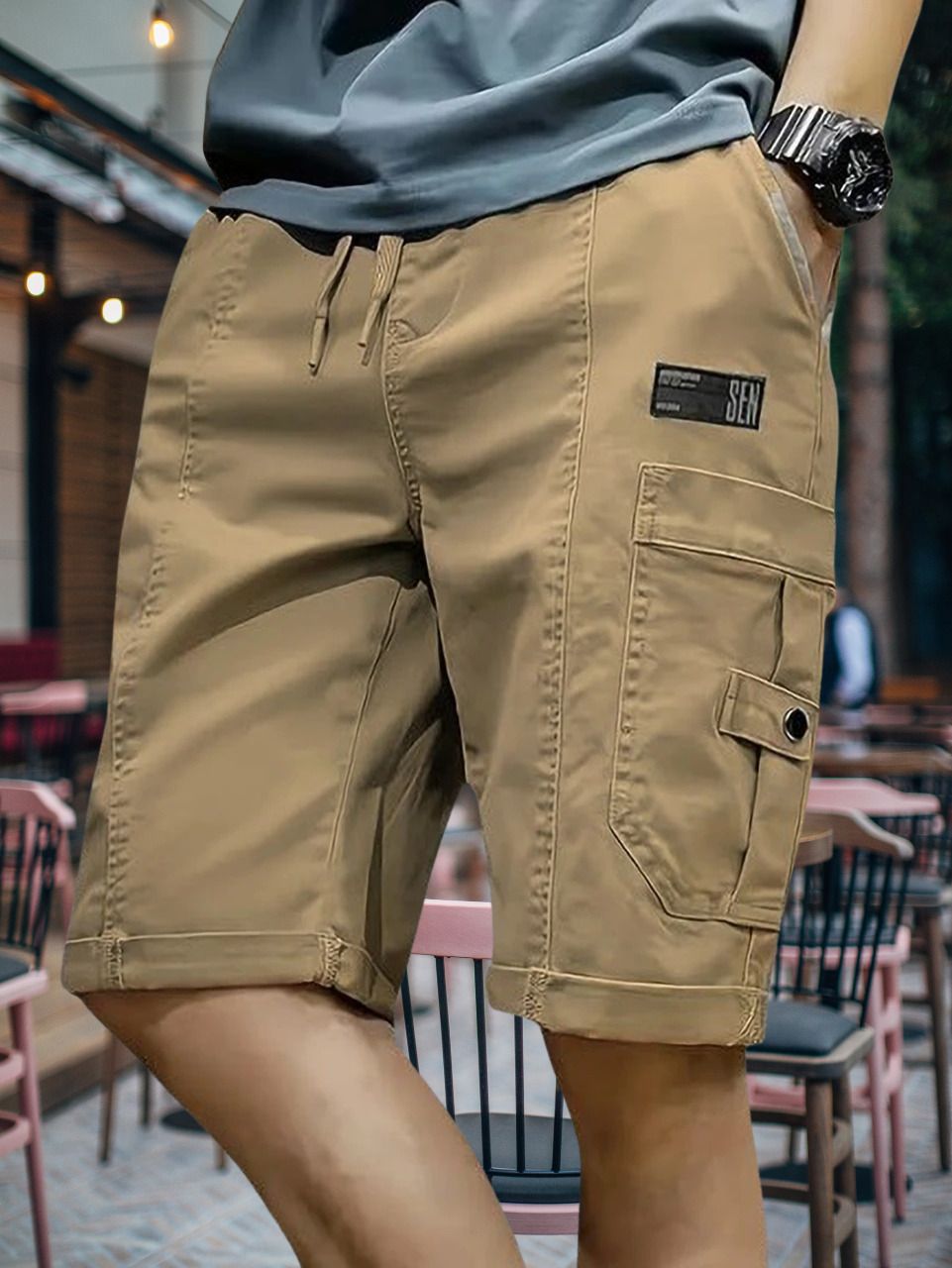 Graphic Print Men Khaki Cargo Shorts-image-10