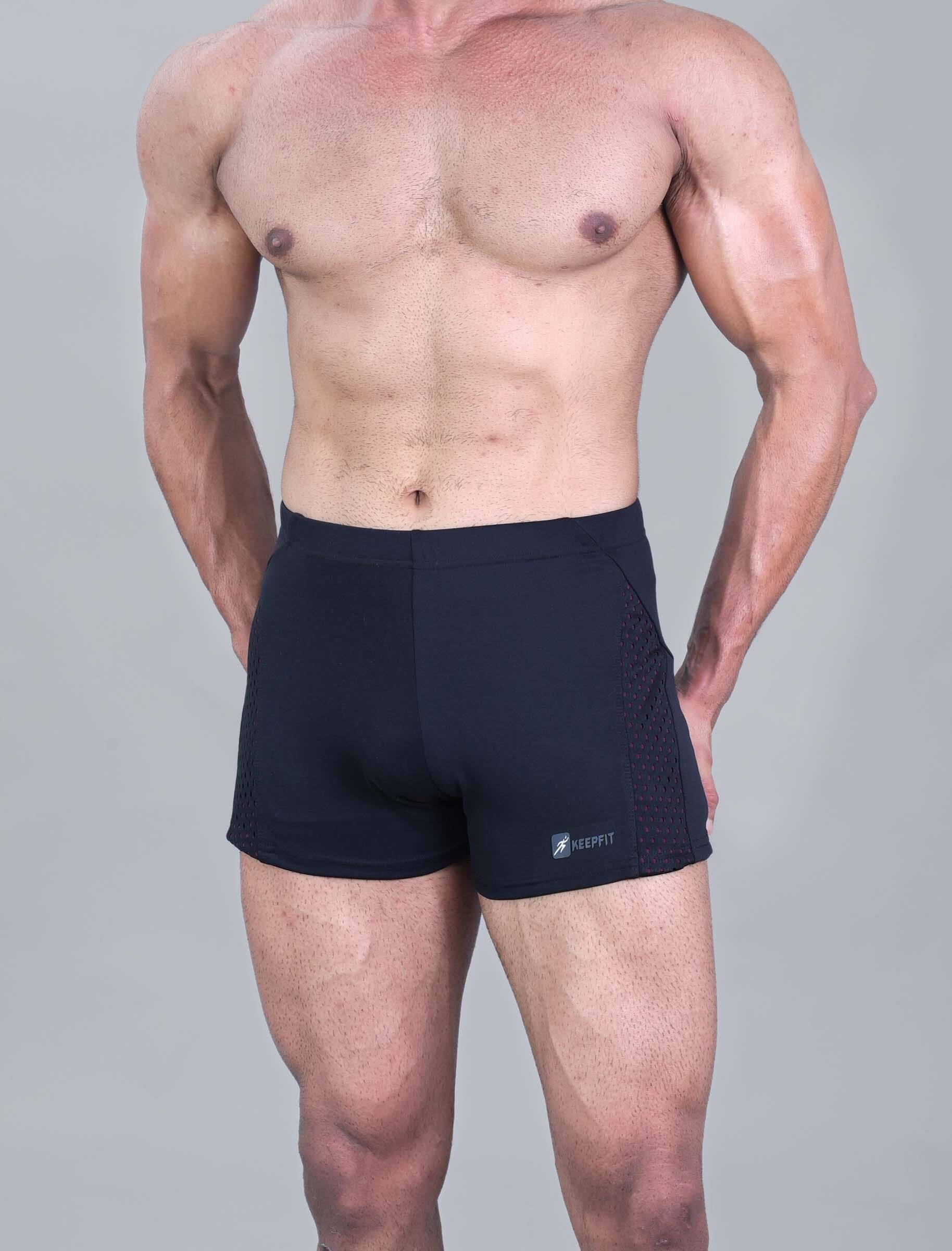 men black swimming trunks with contrast mesh pannel design Solid Men Swim Bottom Black Swimsuit-image-1