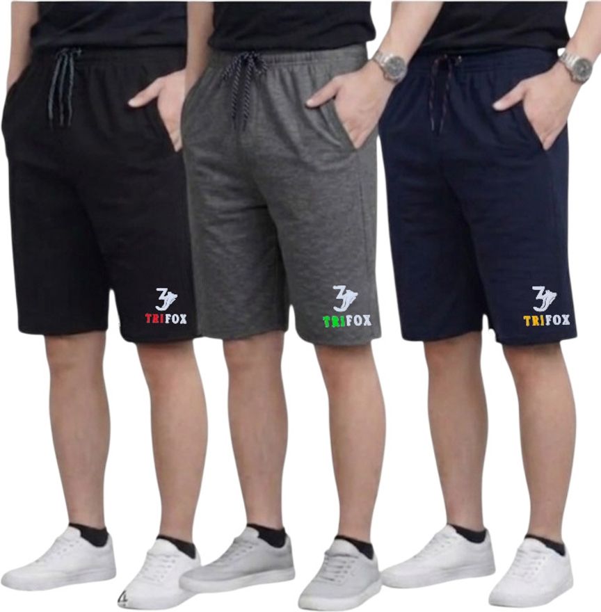 trifox Pack of 3 Solid Men Black, Grey, Blue Casual Shorts-picture-25