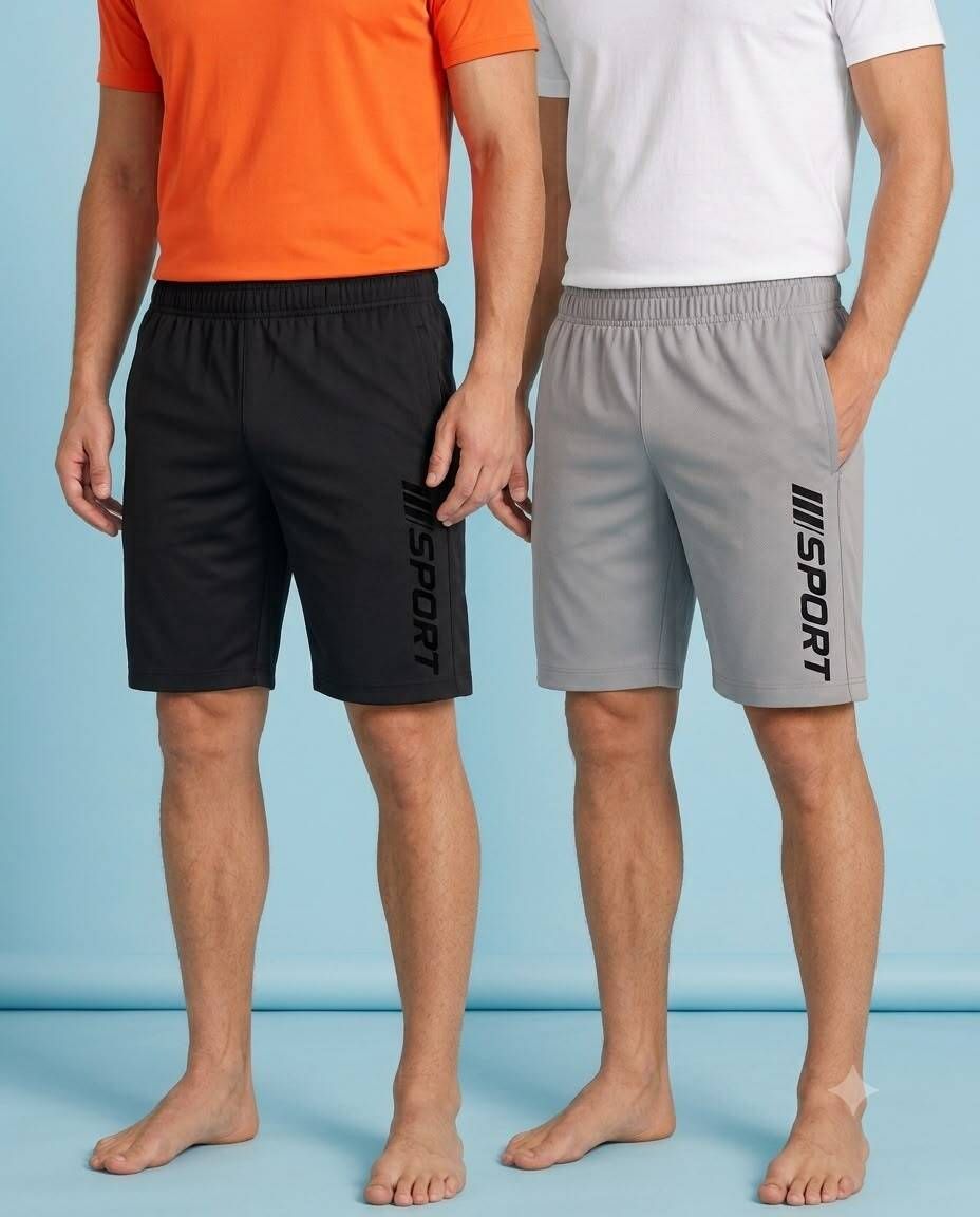 sell4u Pack of 2 Solid, Graphic Print Men Black, Grey Sports Shorts-picture-43