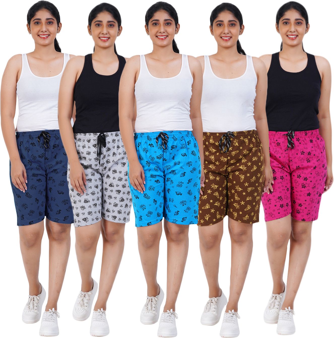 Pack of 5 Printed Women Multicolor Basic Shorts