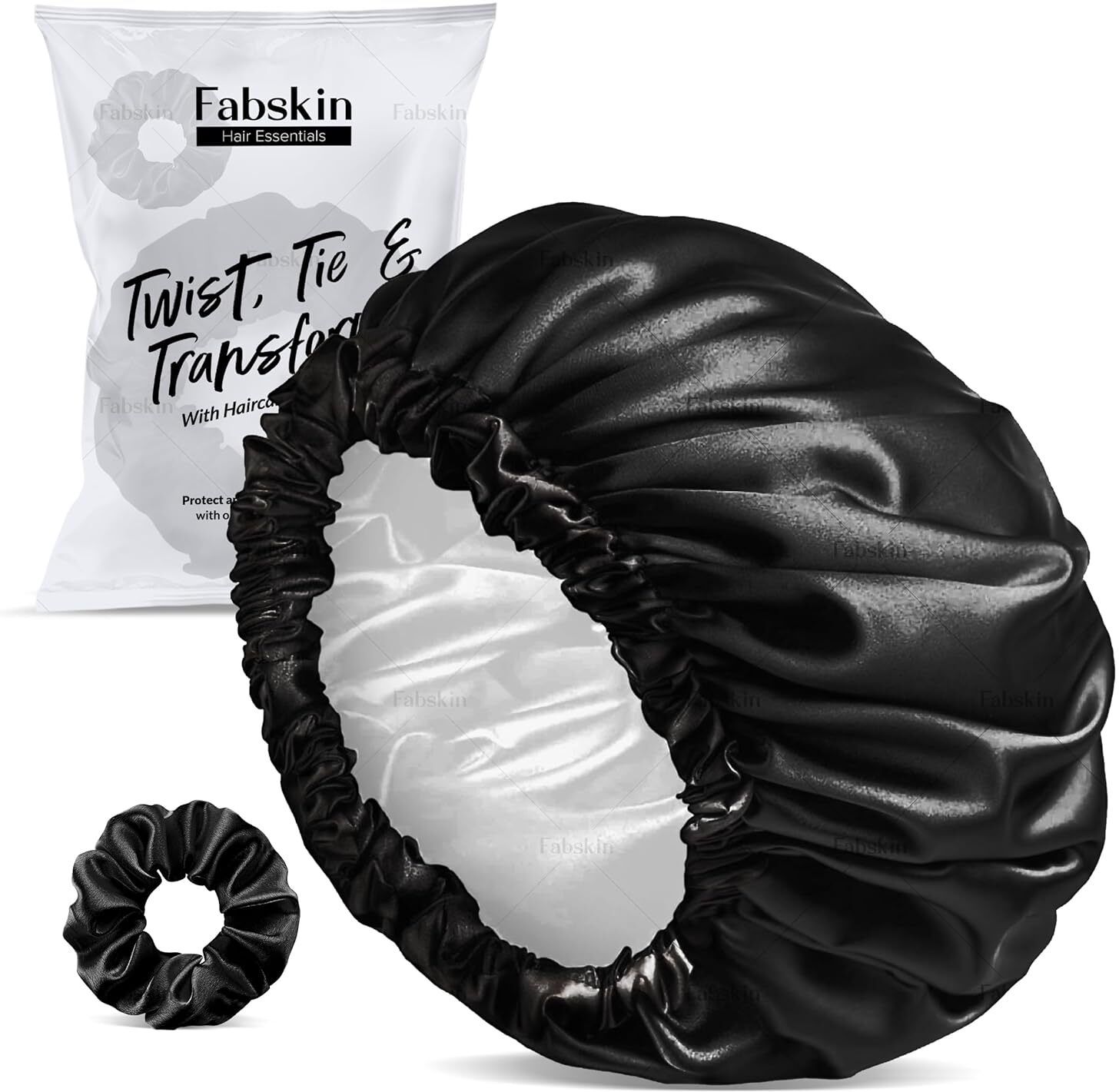fabskin Luxury Satin Silk Hair Bonnet Cap for Sleeping with Satin Scrunchie (Black)-picture-10