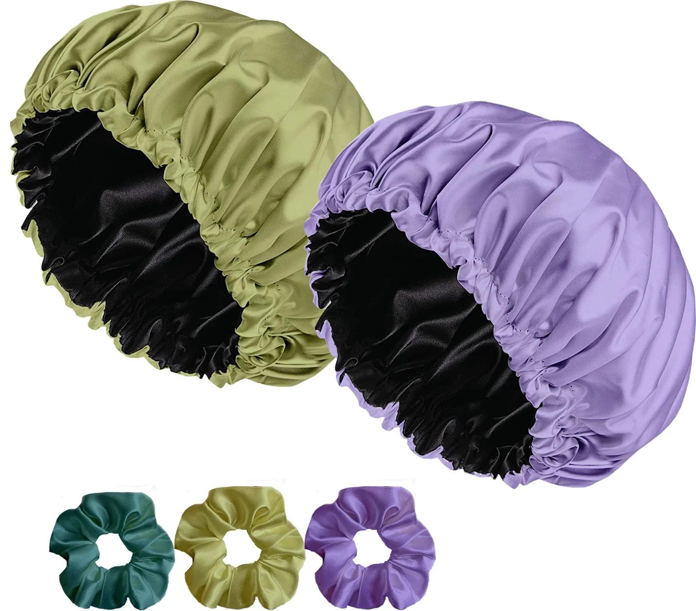 Fully Reversible Pure Satin Hair Bonnet sleep cap with 3 Scrunches-image-2