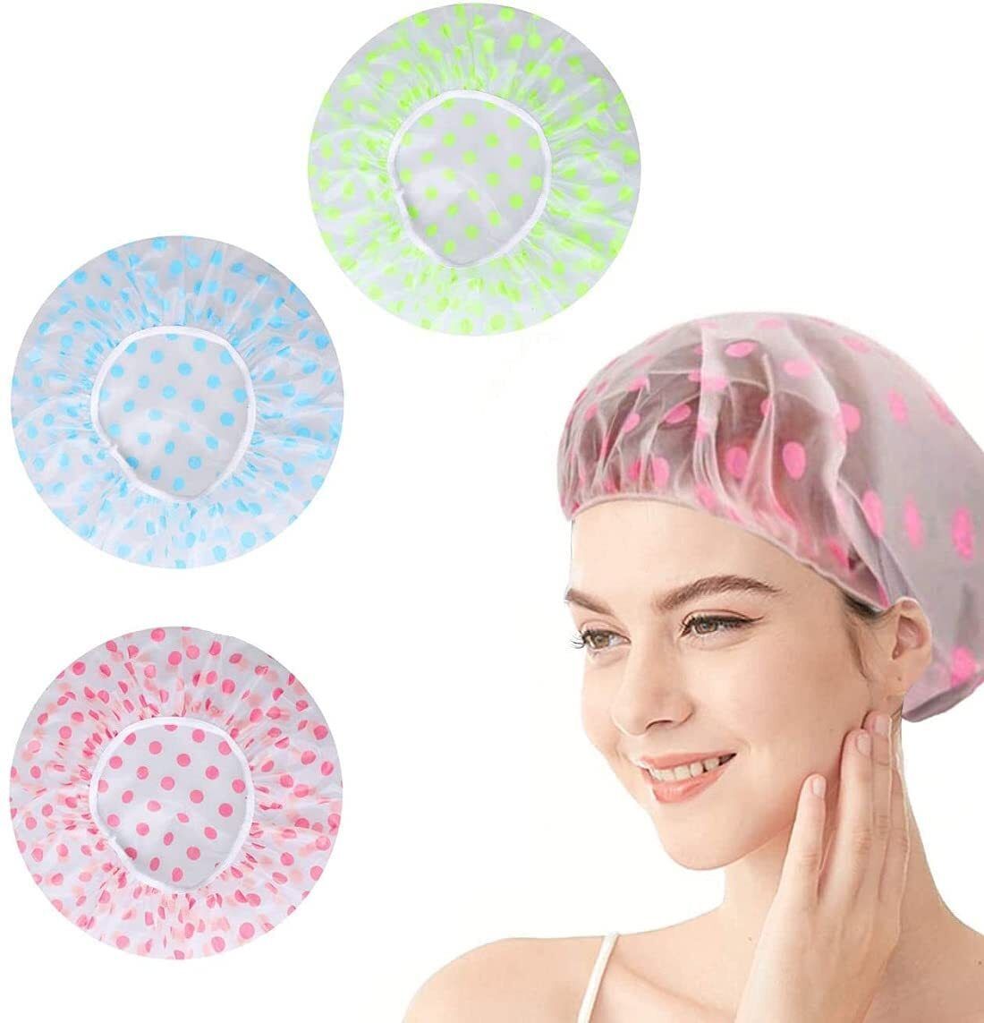 Shower Cap Reusable Waterproof Elastic Free Size Bathroom Shower Caps Set of 3-image-18