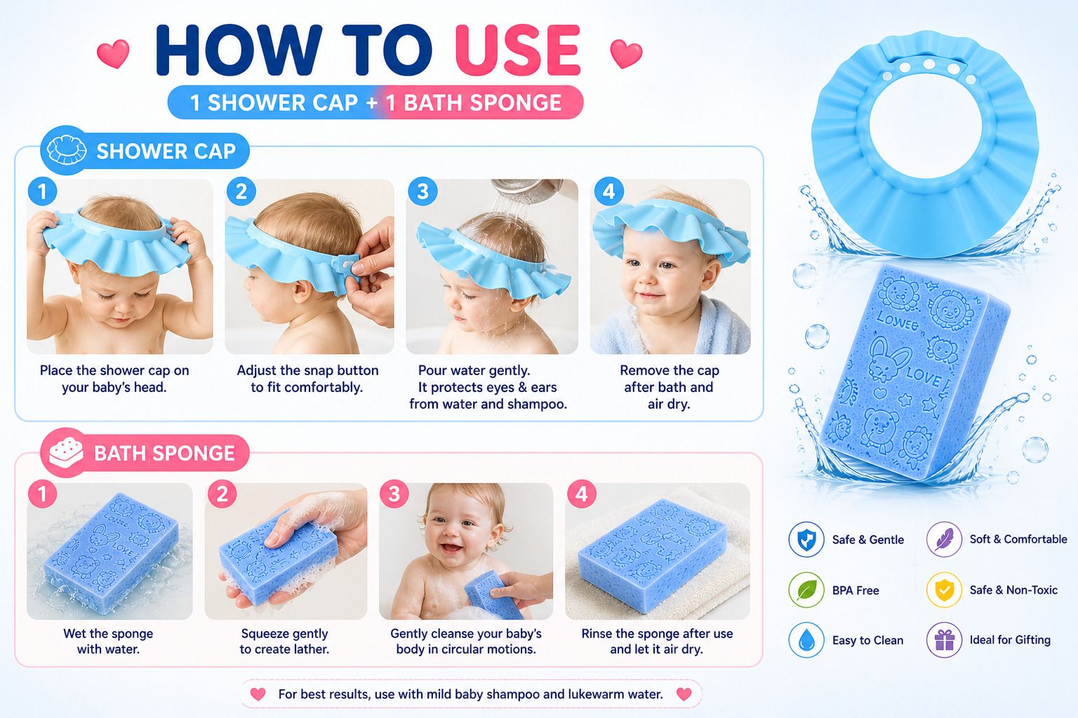 niloro baby bath kit shower cap sponge-picture-44