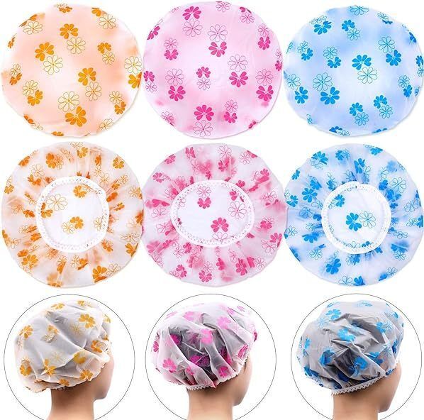 Shower Cap for Women Reusable Waterproof Elastic Bath Cap Multicolor Pack of 6-image-16
