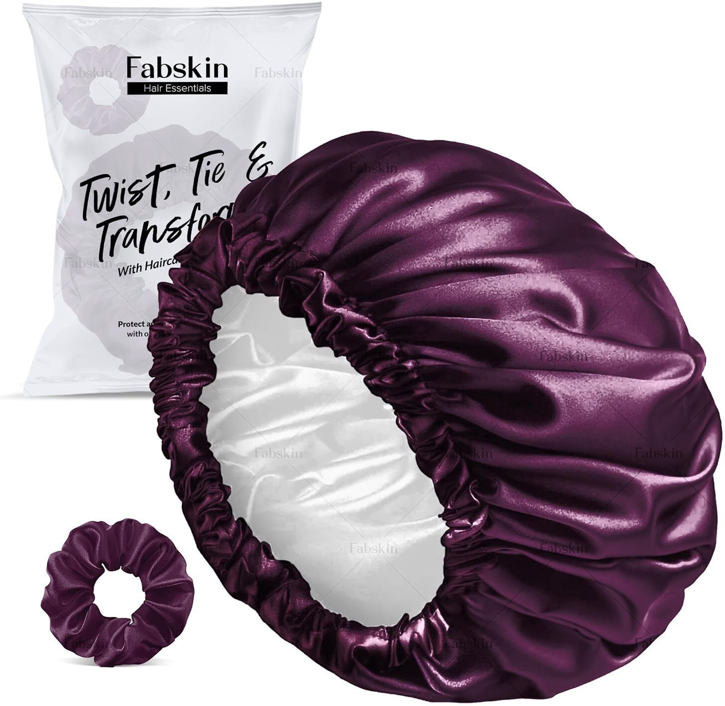 fabskin Luxury Satin Silk Hair Bonnet Cap for Sleeping with Satin Scrunchie - Wine-picture-23
