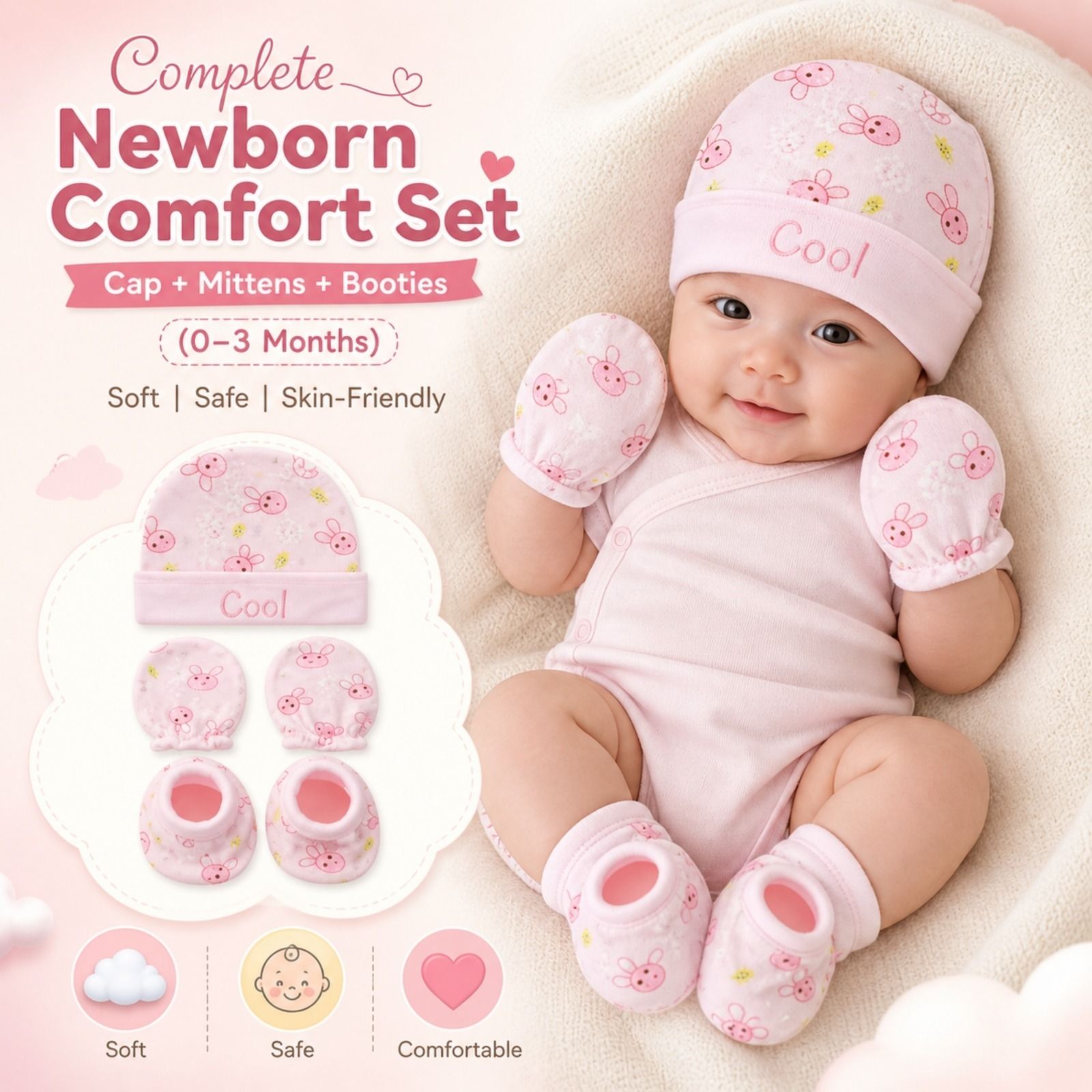 Newborn Baby Cap Mittens Booties Set 0-3 Month Soft Cotton Skin Friendly Kit-image-17