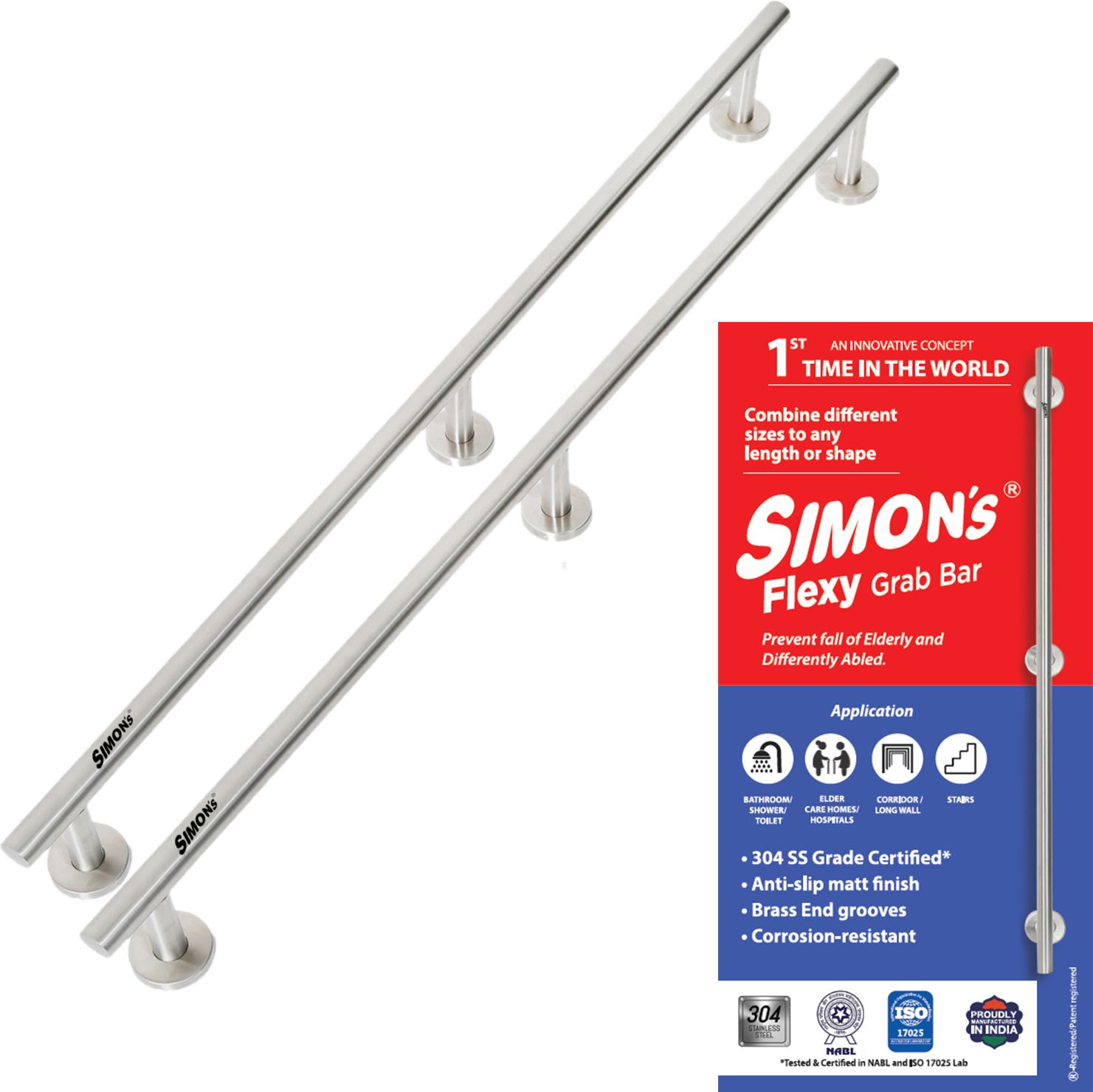 simon's Flexy 304 Stainless Steel Grab bar - 100 cm with 3 Legs of 4.5 cm - Pack of 2 Shower Grab Bar-picture-10