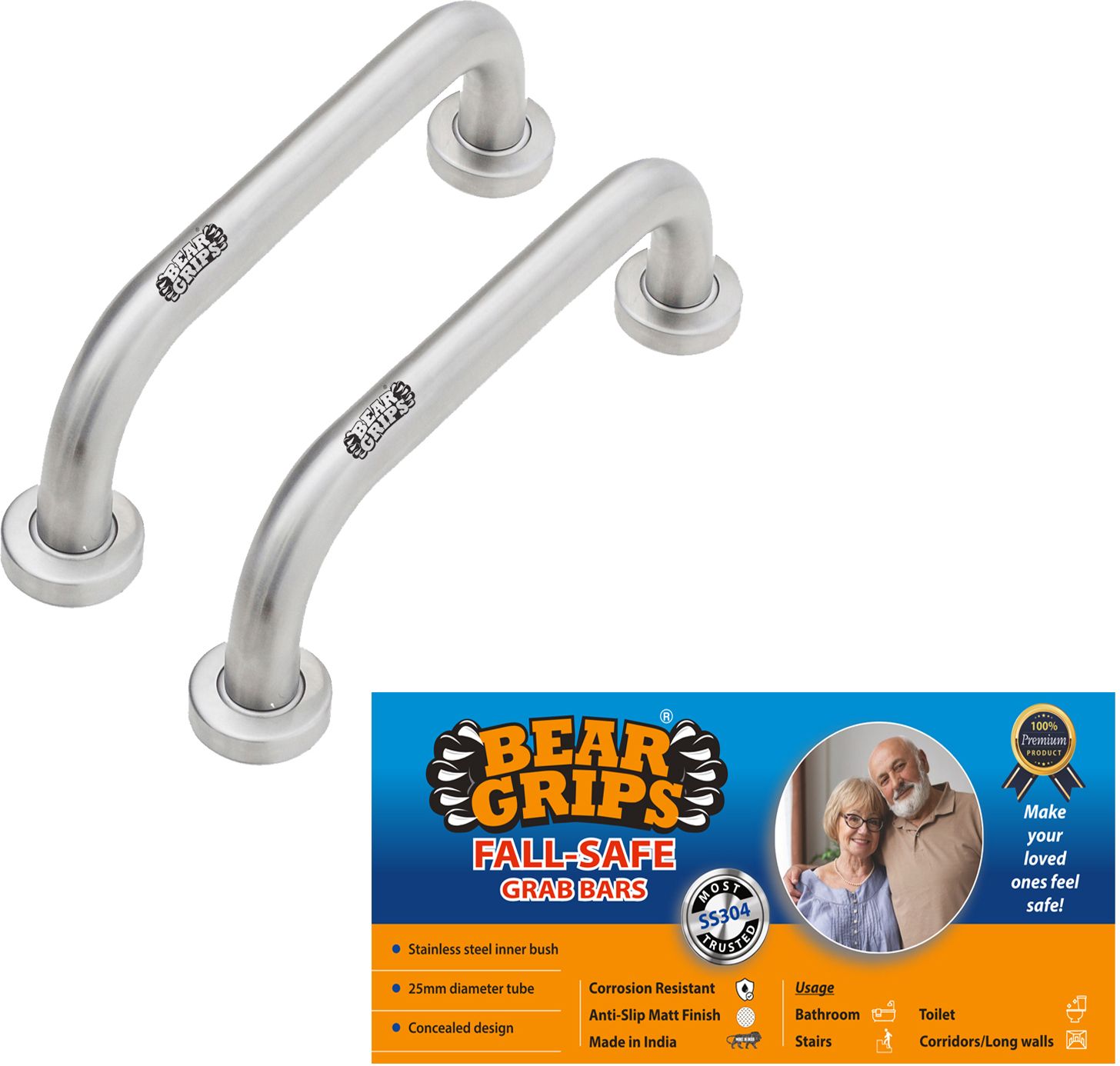 Fall-Safe 304 SS 25mm Anti-Slip Grab bar for Toilet – 20 cm/ 8-Inch - Pack of 2 Shower Grab Bar-image-44