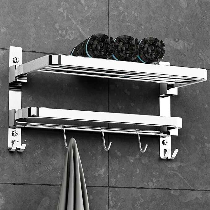 Stainless Steel Wall Mounted Towel Rack with Shelf & Hooks | Rust Resistant Shower Grab Bar-image-4