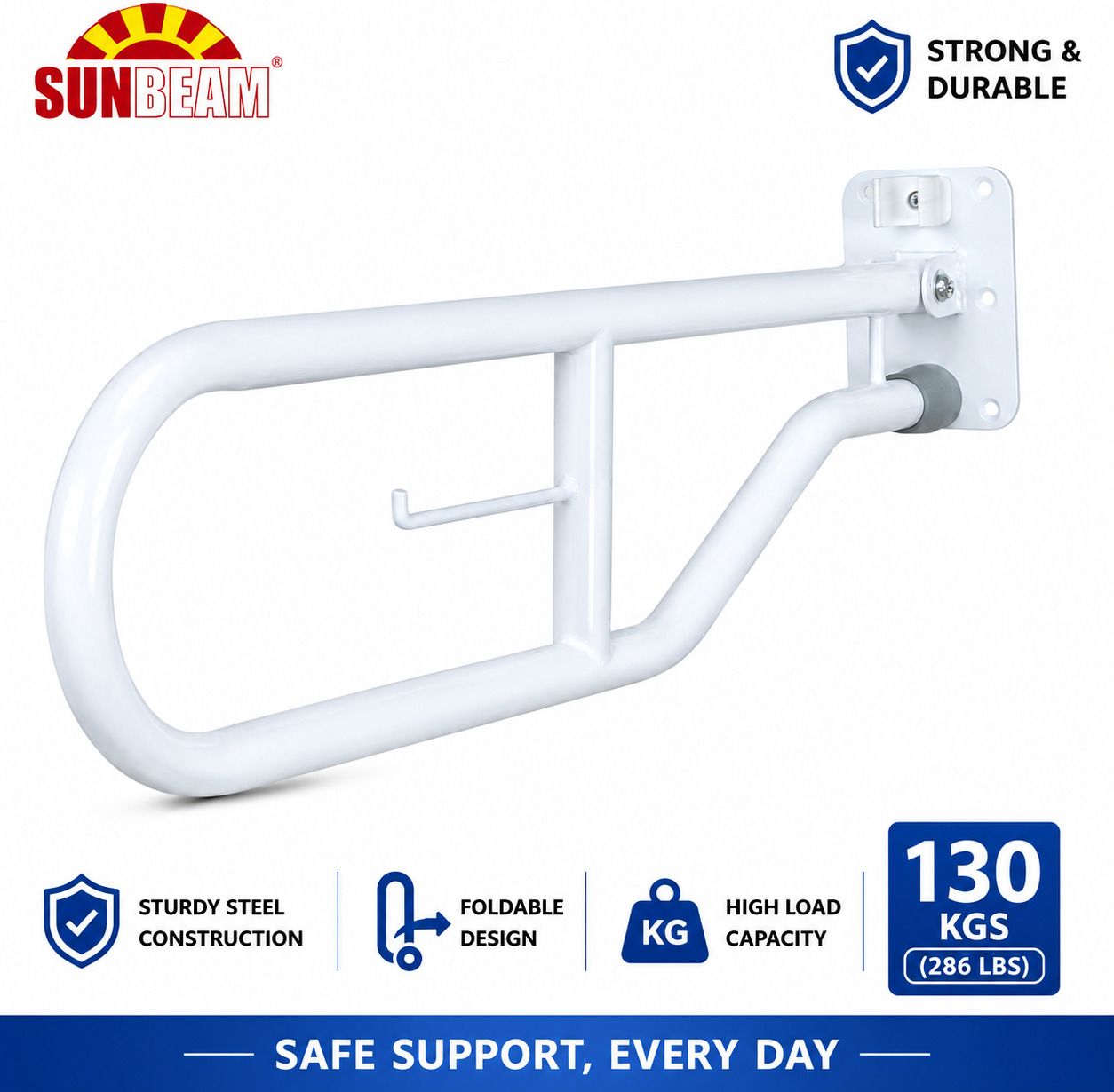 Wall Mounted Foldable Grab Rail for Bathroom & Toilet, 130 kg, White Shower Grab Bar-image-47