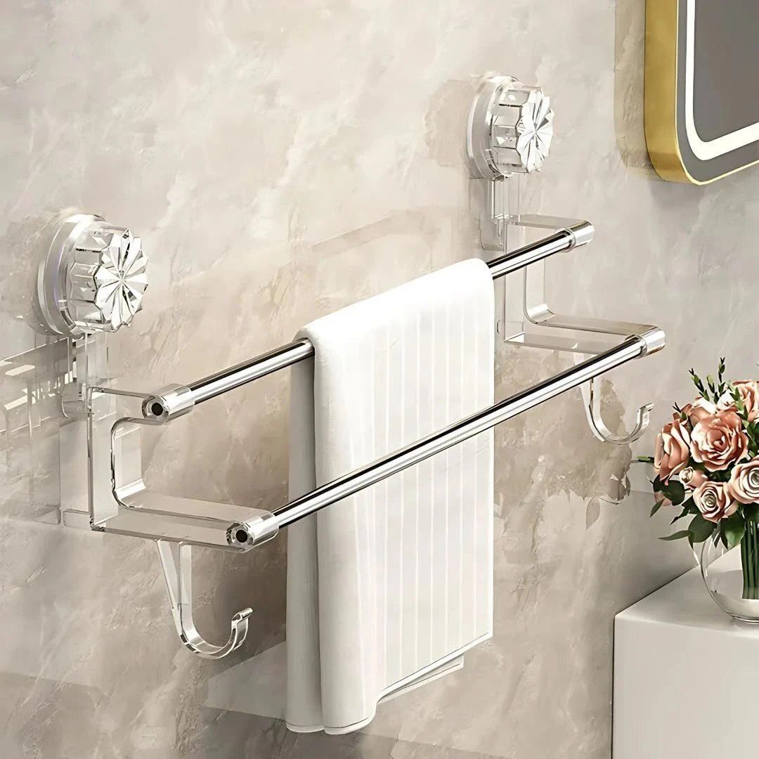 No Drill Towel Rack Double Rod for Bathroom Wall Mounted Suction Holder Transparent Towel Holder-image-27