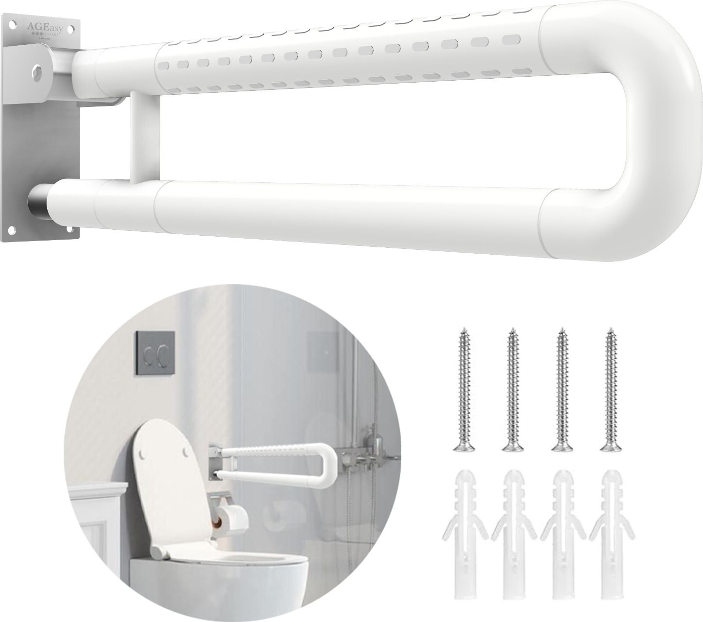 Flip-Up Nylon Grab Bar Anti-Slip Grip, Space Saving Design for Elderly Shower Grab Bar