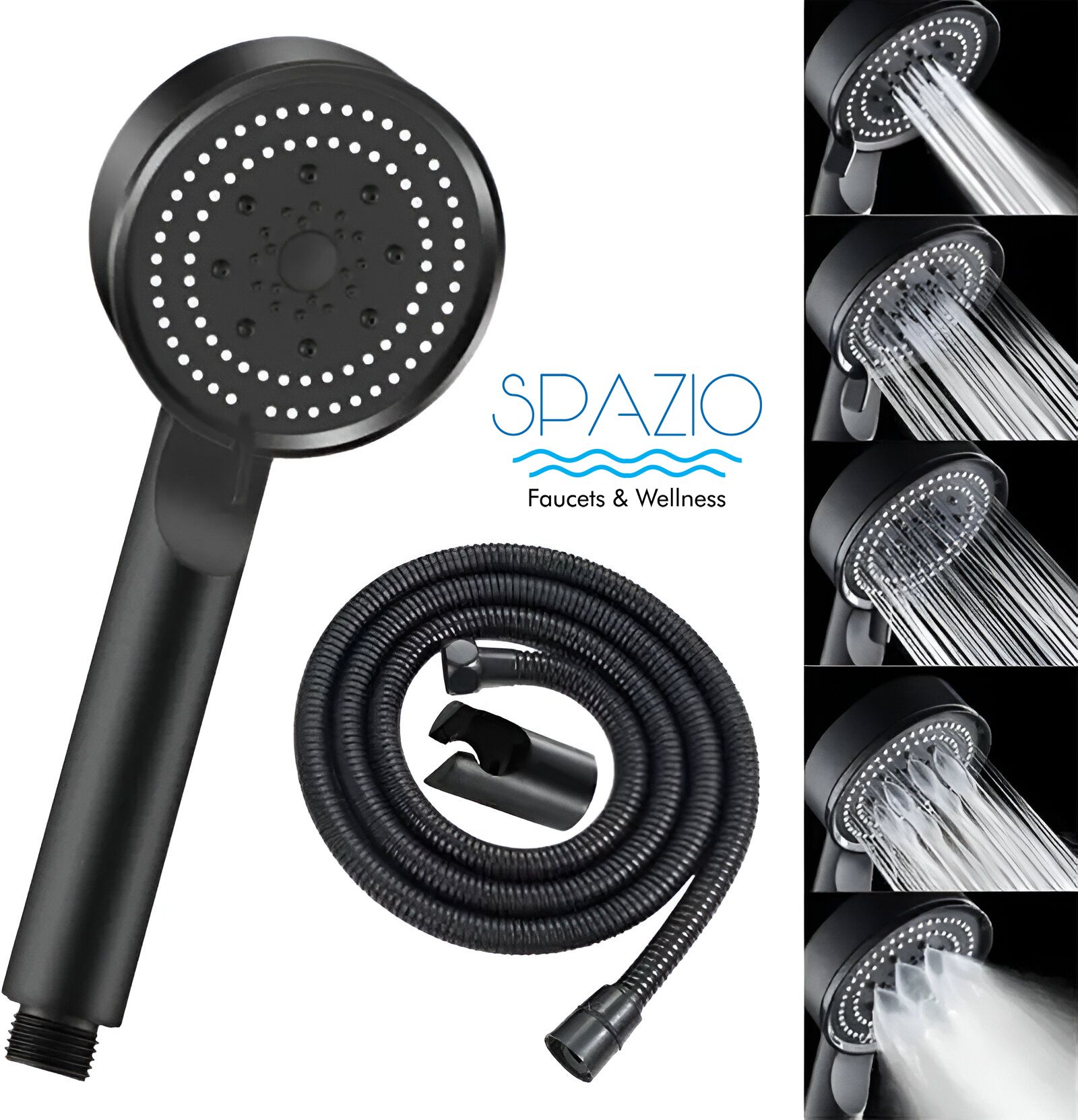 HS-2 ABS High Pressure Multi Flow Hand Shower Set Black With 1.5 Mtr Tube & Hook Handheld