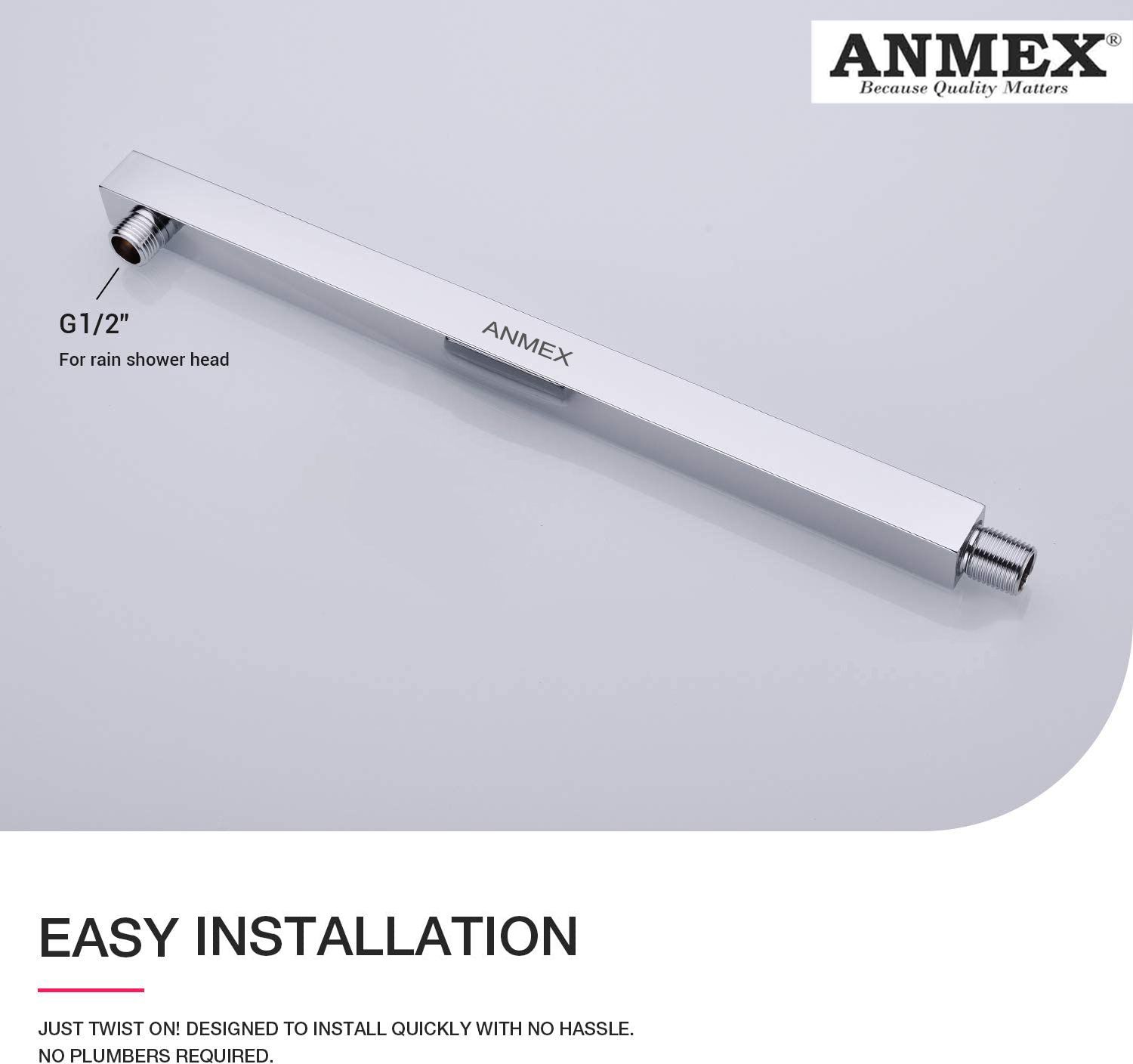 anmex 18" Chrome Plated Shower Arm with Flange Shower Head Extension Arm-Square Shaped Fixed Mount-picture-21