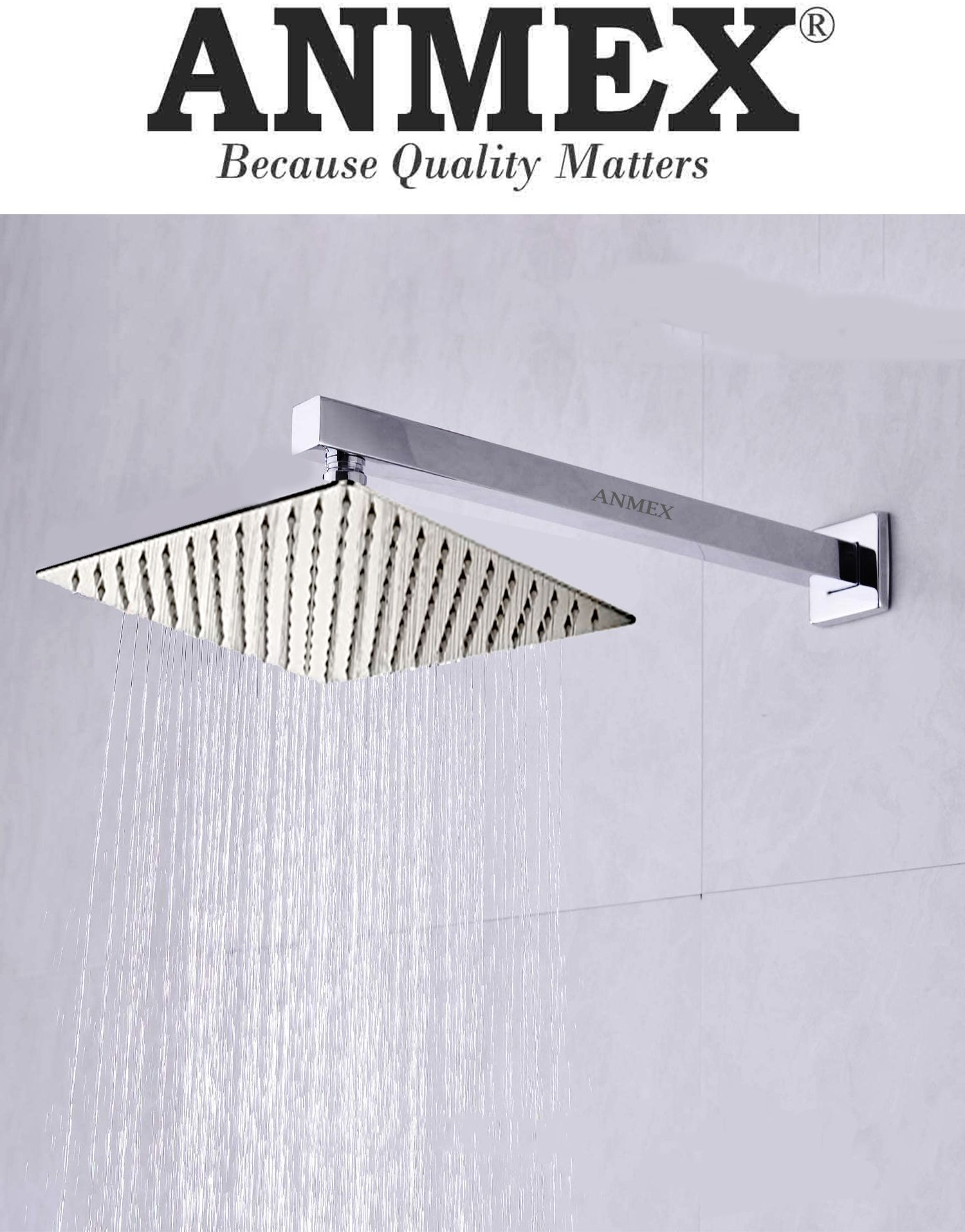 SS304 UltraSlim HighPressure Rainfall Shower Head & Shower Arm (8X8+18INCH ARM) Fixed Mount-image-27