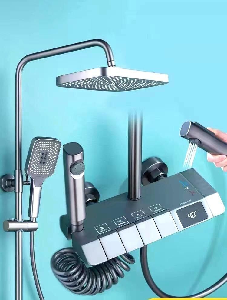 FOURVIEW Luxury 5-Function Digital Shower System Luxury 5-Function Digital Shower System Rainfall Overhead, 3-Mode Hand Shower, Spray Gun & Water Spout-picture-19