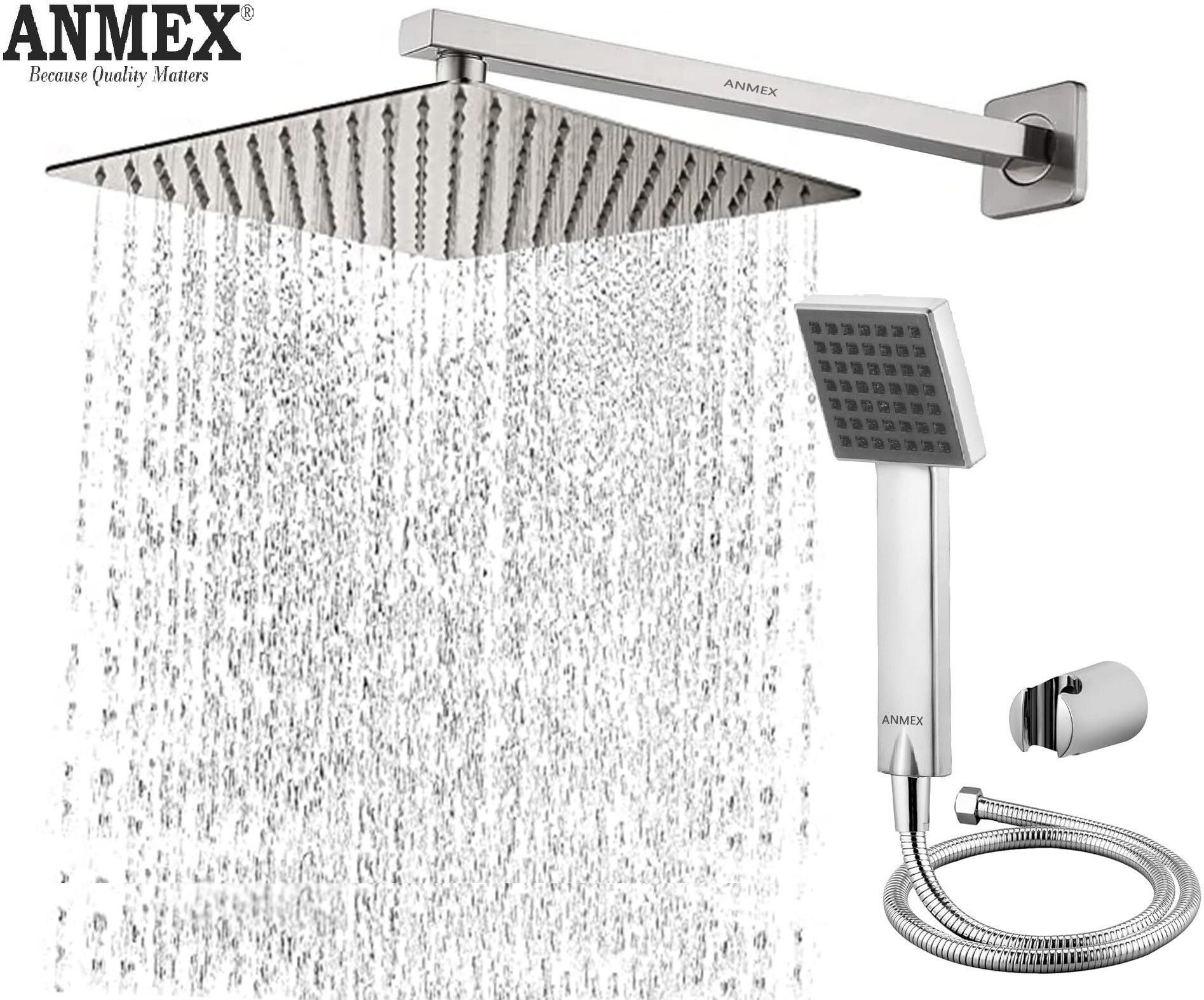 ANMEX COMBO of SS304 UltraSlim High Pressure Rainfall Shower Head With Shower Fit Arm HandShower (ABS),SS304 1.5mtr Tube And Hook 12X12+24Inch Arm+HandShower Set)-picture-27