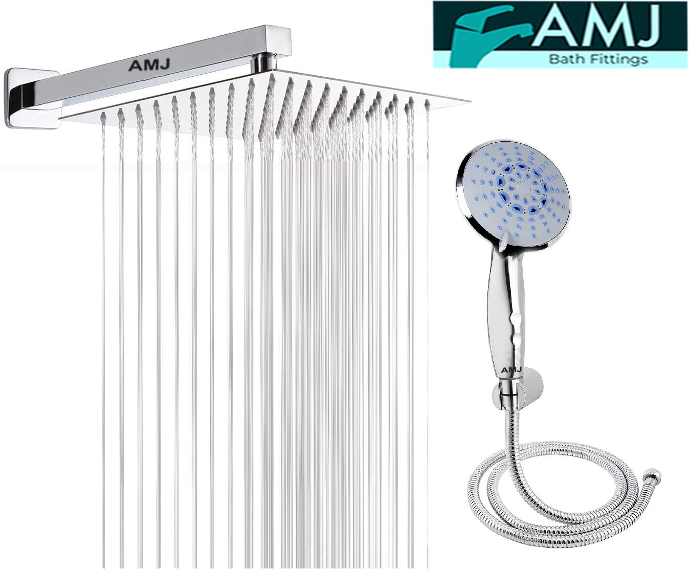 AMJ COMBO of SS304 UltraSlim High Pressure Rainfall Shower Head With Shower Fit Arm HandShower (ABS),SS304 1.5mtr Tube And Hook 6X6+15Inch Arm+HandShower Set)-image-46