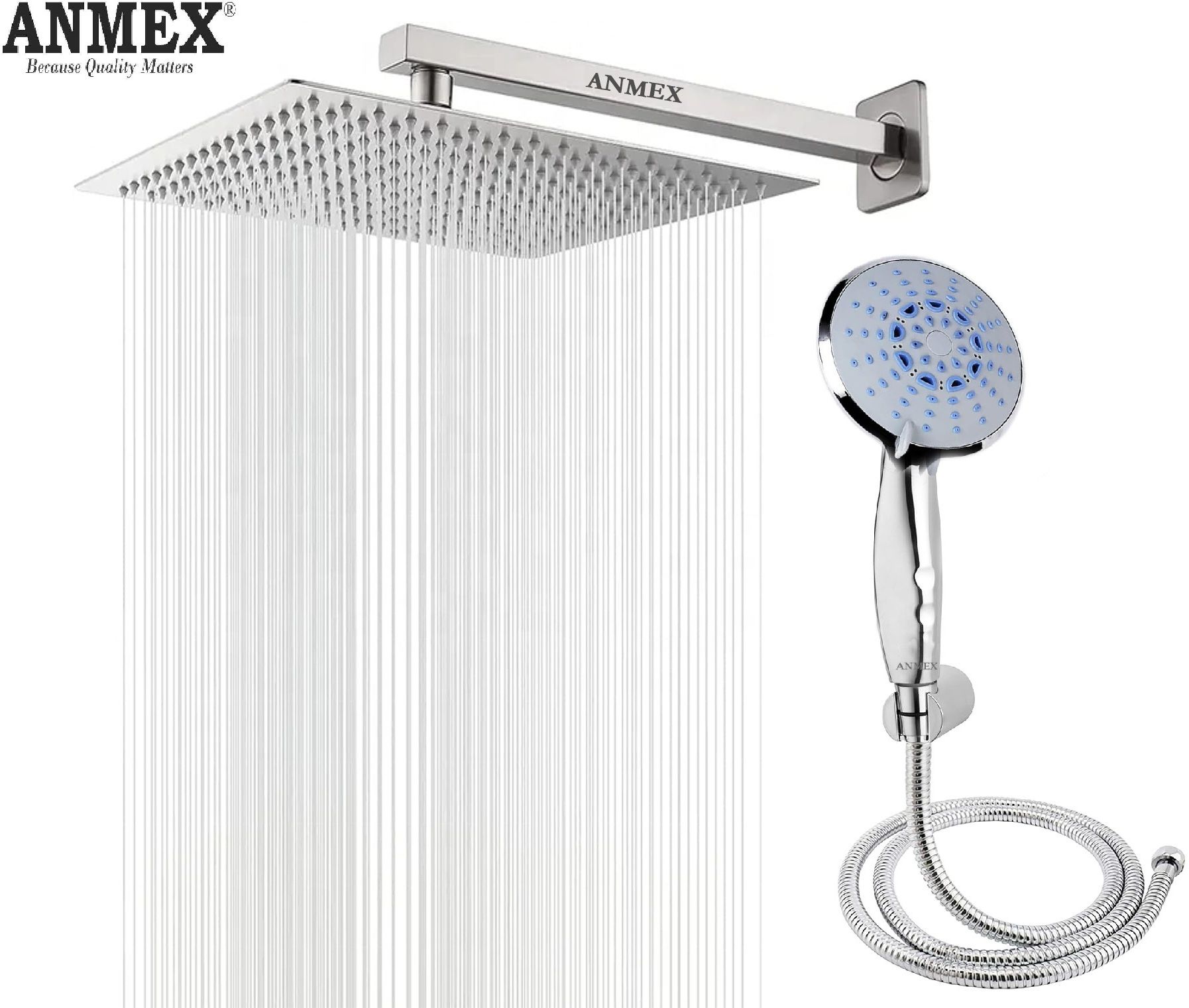 ANMEX COMBO of SS304 UltraSlim High Pressure Rainfall Shower Head With Shower Fit Arm HandShower (ABS),SS304 1.5mtr Tube And Hook 8X8+15Inch Arm+HandShower Set)-picture-12