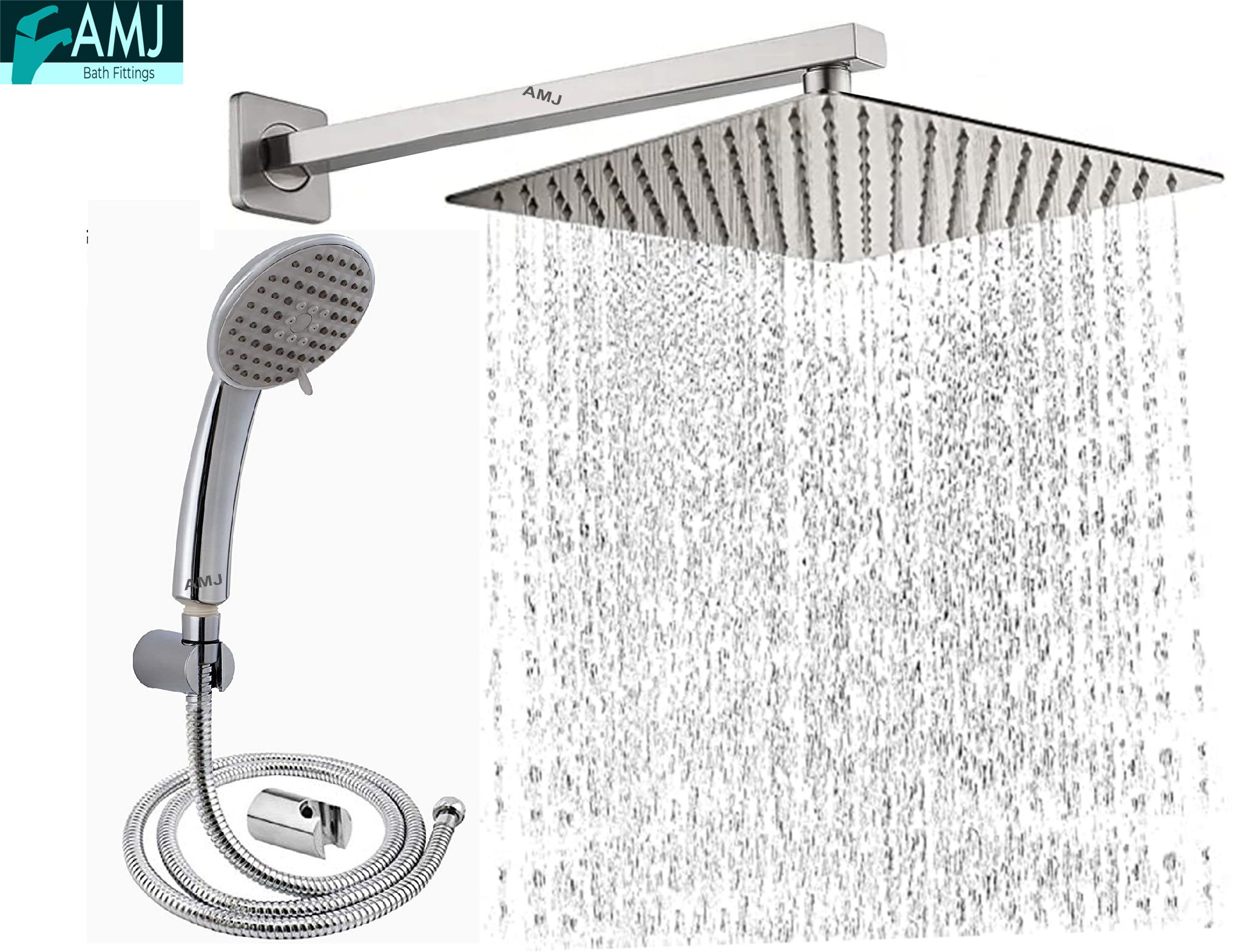 AMJ COMBO of SS304 UltraSlim High Pressure Rainfall Shower Head With Shower Fit Arm HandShower (ABS),SS304 1.5mtr Tube And Hook 10X10+24Inch Arm+HandShower Set)-picture-15