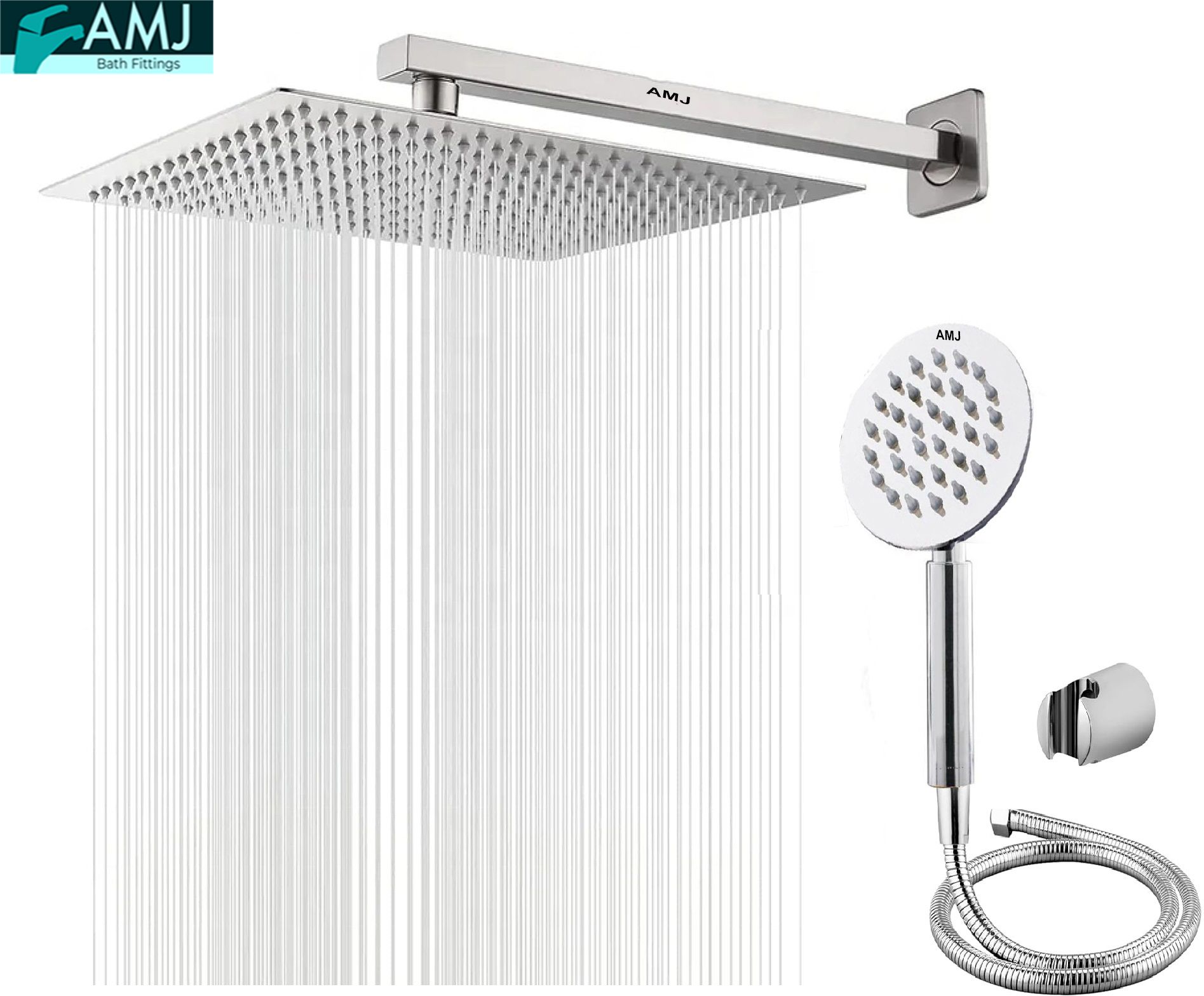 AMJ COMBO of SS304 UltraSlim High Pressure Rainfall Shower Head With Shower Fit Arm HandShower (SS),SS304 1.5mtr Tube And Hook 8X8+24Inch Arm+HandShower Set)-picture-17