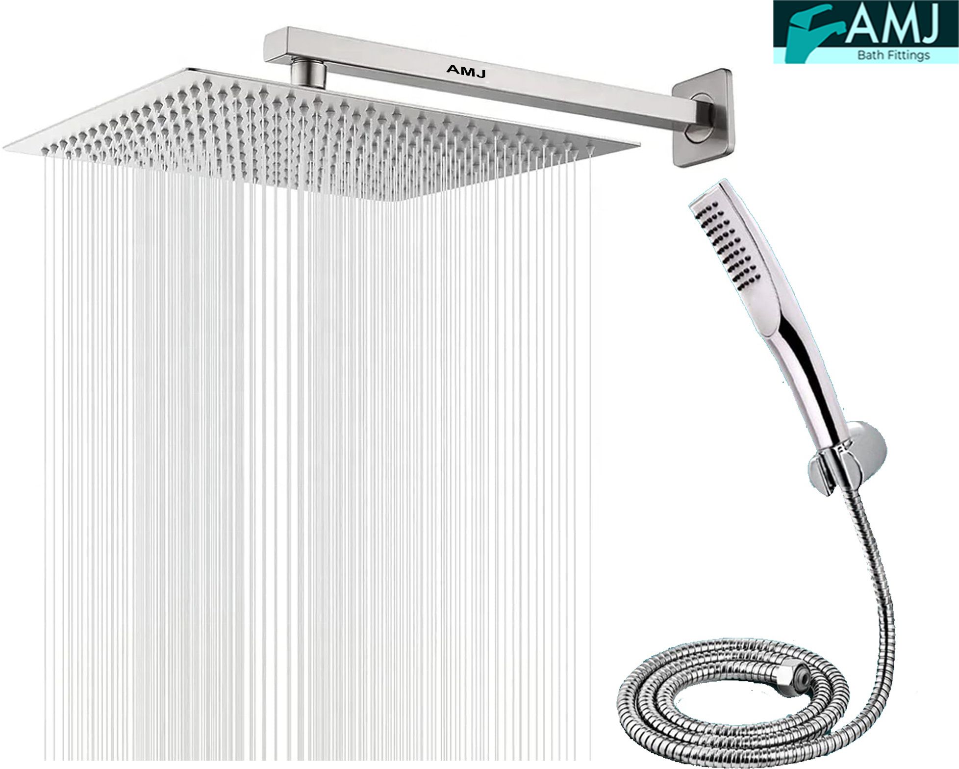 AMJ COMBO of SS304 UltraSlim High Pressure Rainfall Shower Head With Shower Fit Arm HandShower (ABS),SS304 1.5mtr Tube And Hook 8X8+24Inch Arm+HandShower Set)-image-41
