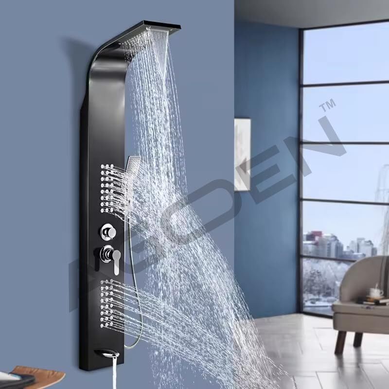 AGEON 5-in-1 Black Thermostatic Shower Panel with Rainfall, Jets & Display 5 In 1 Shower System-image-24
