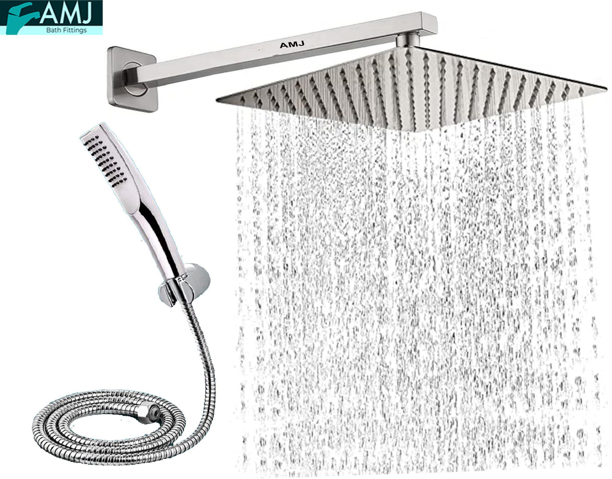 AMJ COMBO of SS304 UltraSlim High Pressure Rainfall Shower Head With Shower Fit Arm HandShower (ABS),SS304 1.5mtr Tube And Hook 10X10+24Inch Arm+HandShower Set)-image-48