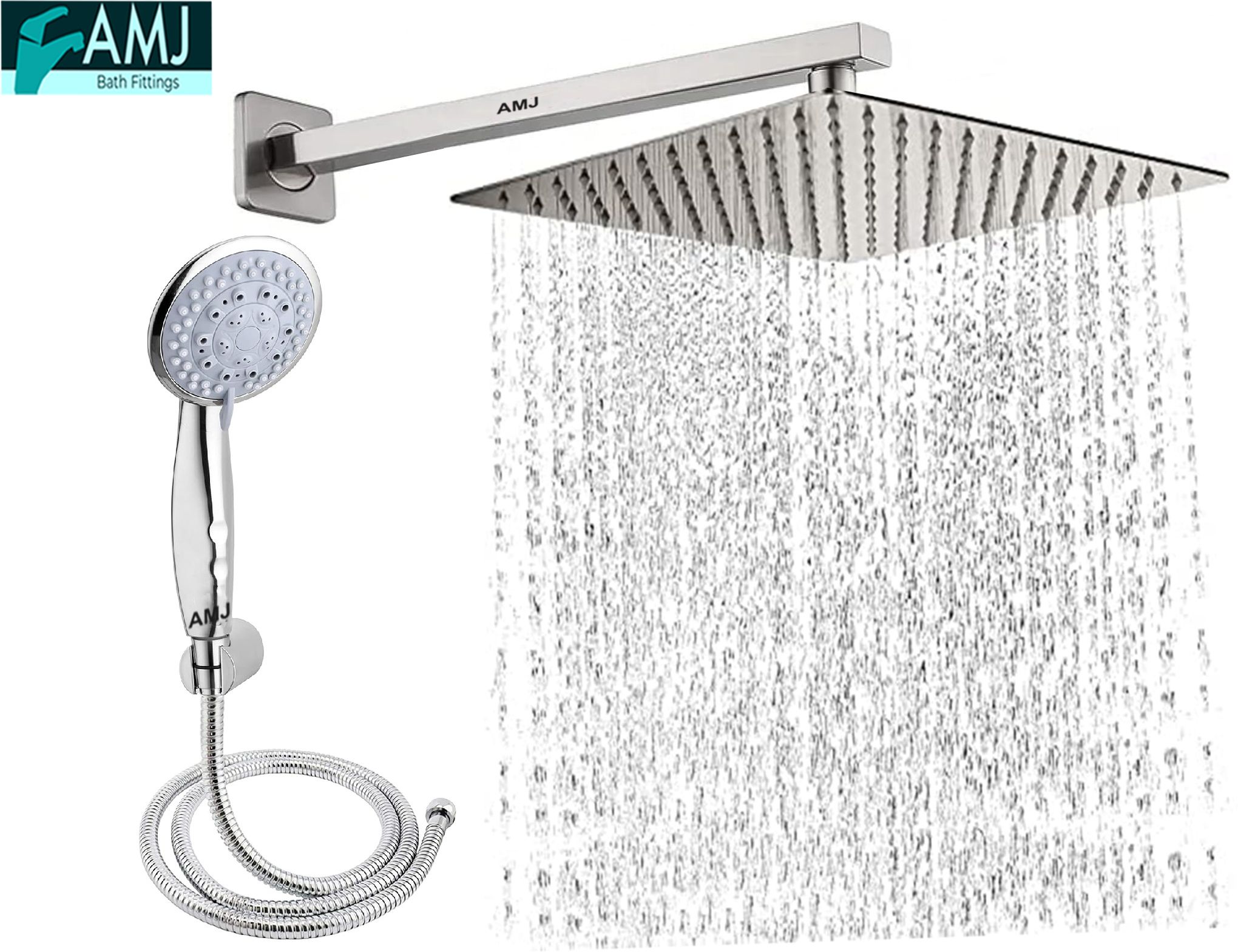 AMJ COMBO of SS304 UltraSlim High Pressure Rainfall Shower Head With Shower Fit Arm HandShower (ABS),SS304 1.5mtr Tube And Hook 10X10+24Inch Arm+HandShower Set)-picture-45