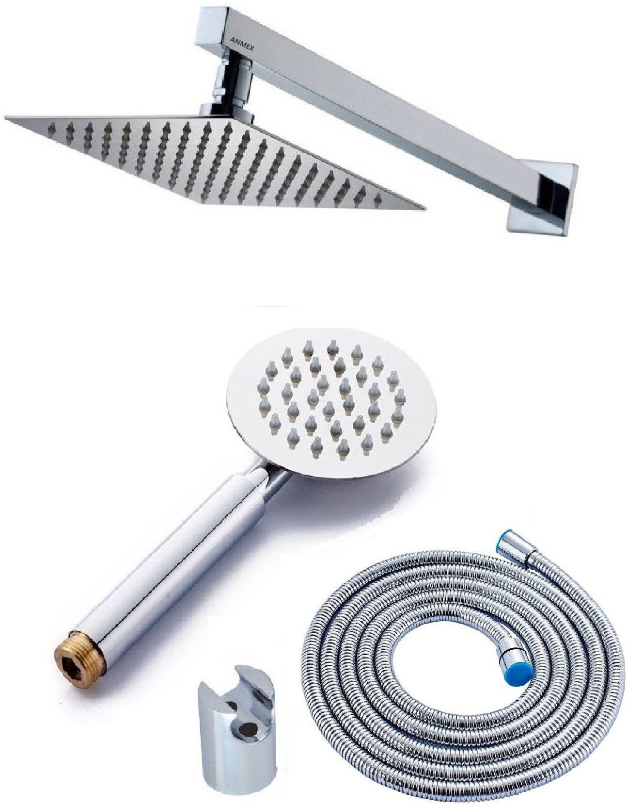 ANMEX 10x10 (10inch) Ultra Slim Rain Shower Head with 24inch Arm PLUS (9" Long) UltraSlim Round Rain Handheld Shower with 1.5mtr SS Shower Tube and Wall Hook-picture-11