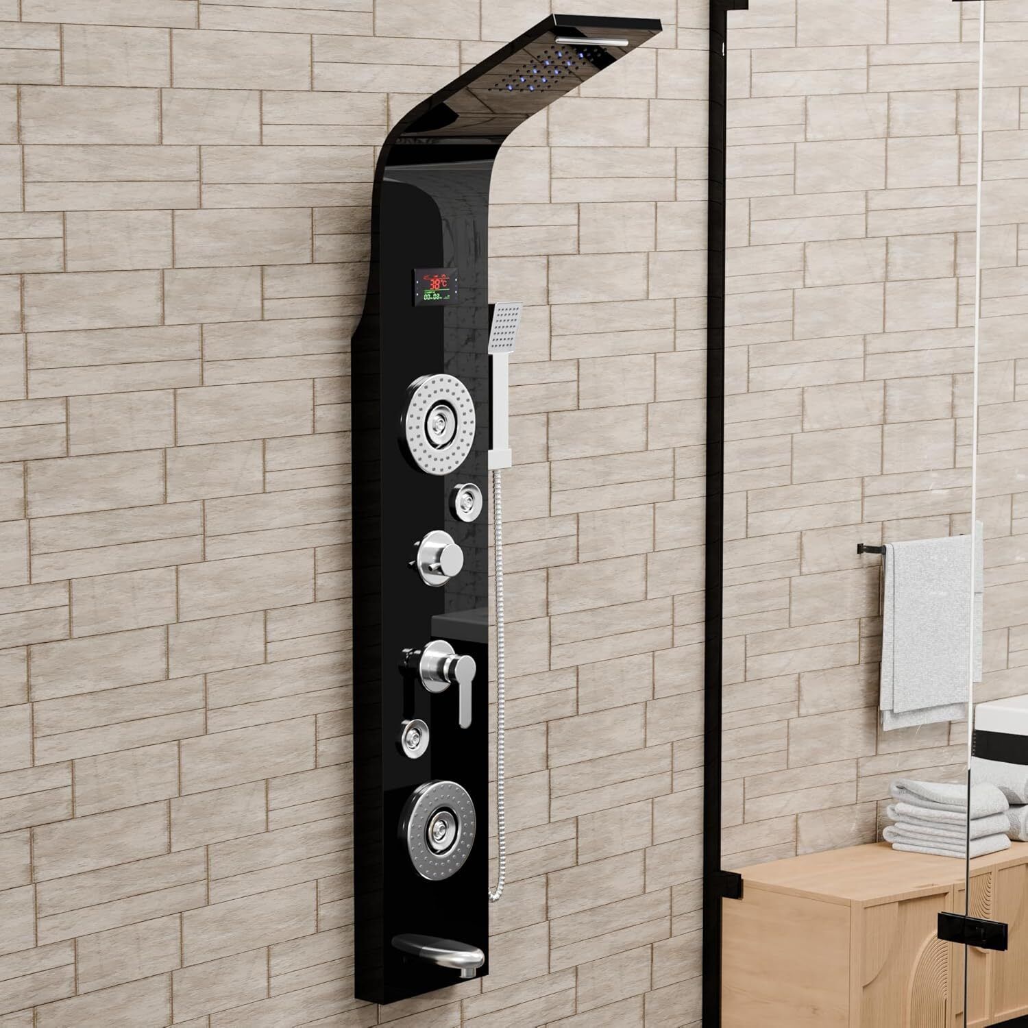 Bzcarts PVD Black LED Thermostatic 5-in-1 Wall Shower Panel with Mixer, Body Jet Wall Mounted Shower Panel with Massage Jets & Handheld Shower 4-image-26