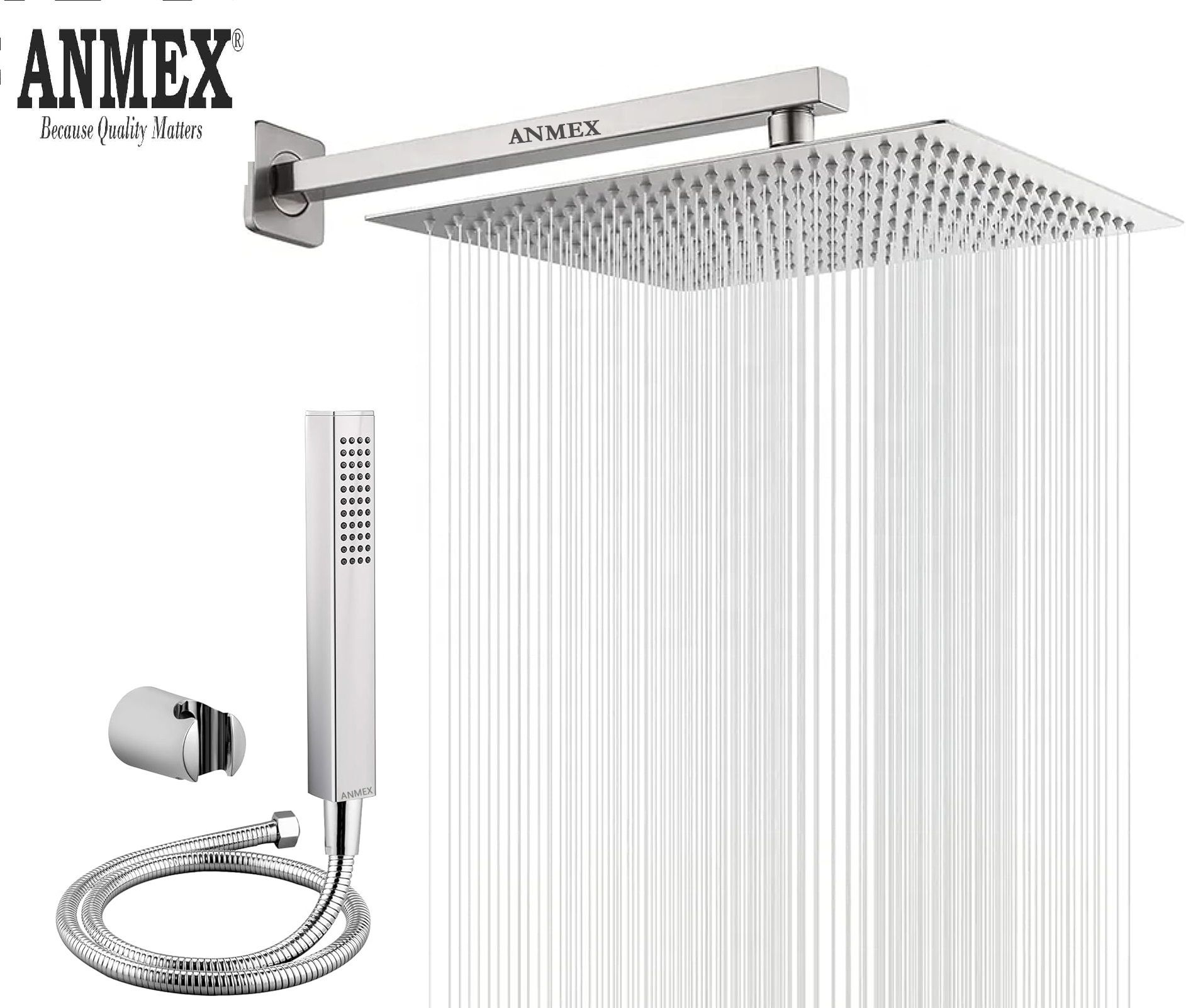 ANMEX COMBO of SS304 UltraSlim High Pressure Rainfall Shower Head With Shower Fit Arm HandShower (ABS),SS304 1.5mtr Tube And Hook (8X8 (8")+18inch Arm+HandShower Set)-picture-19